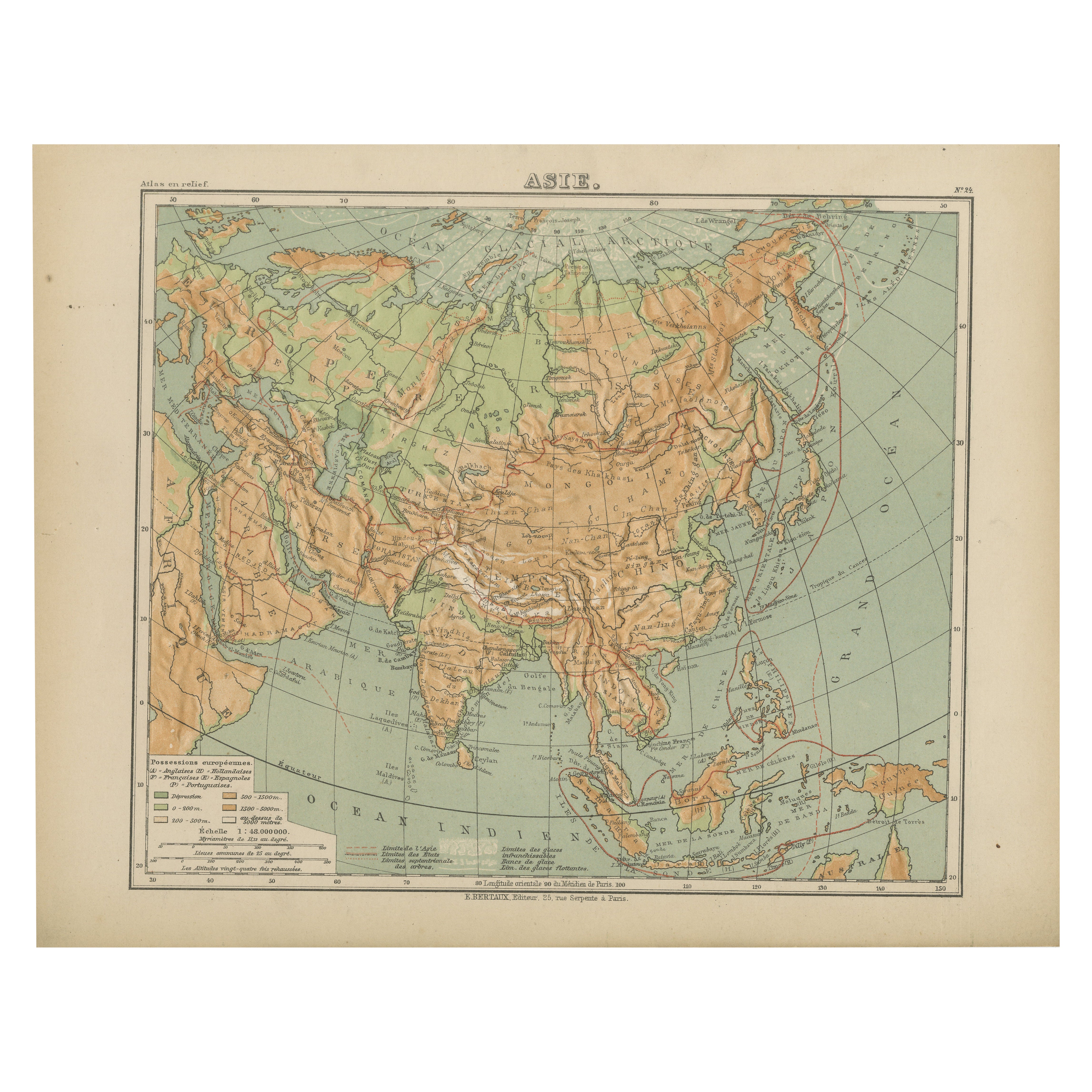 Atlas en relief de l'Asie par Hachette - Carte Antique French, circa 1883 en vente
