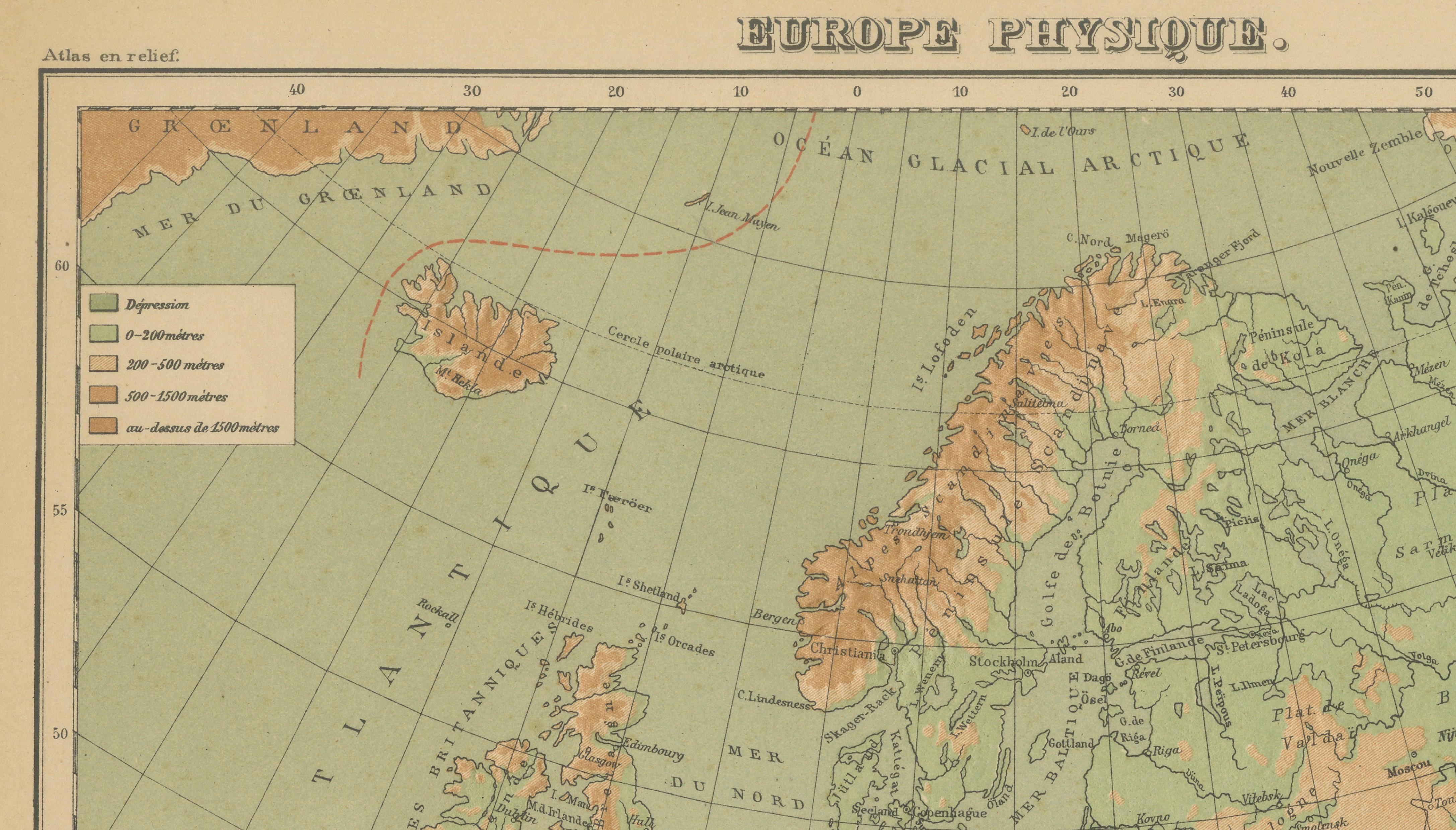 Français Atlas en relief de l'Europe par Hachette - Antique French Map c.1883 en vente