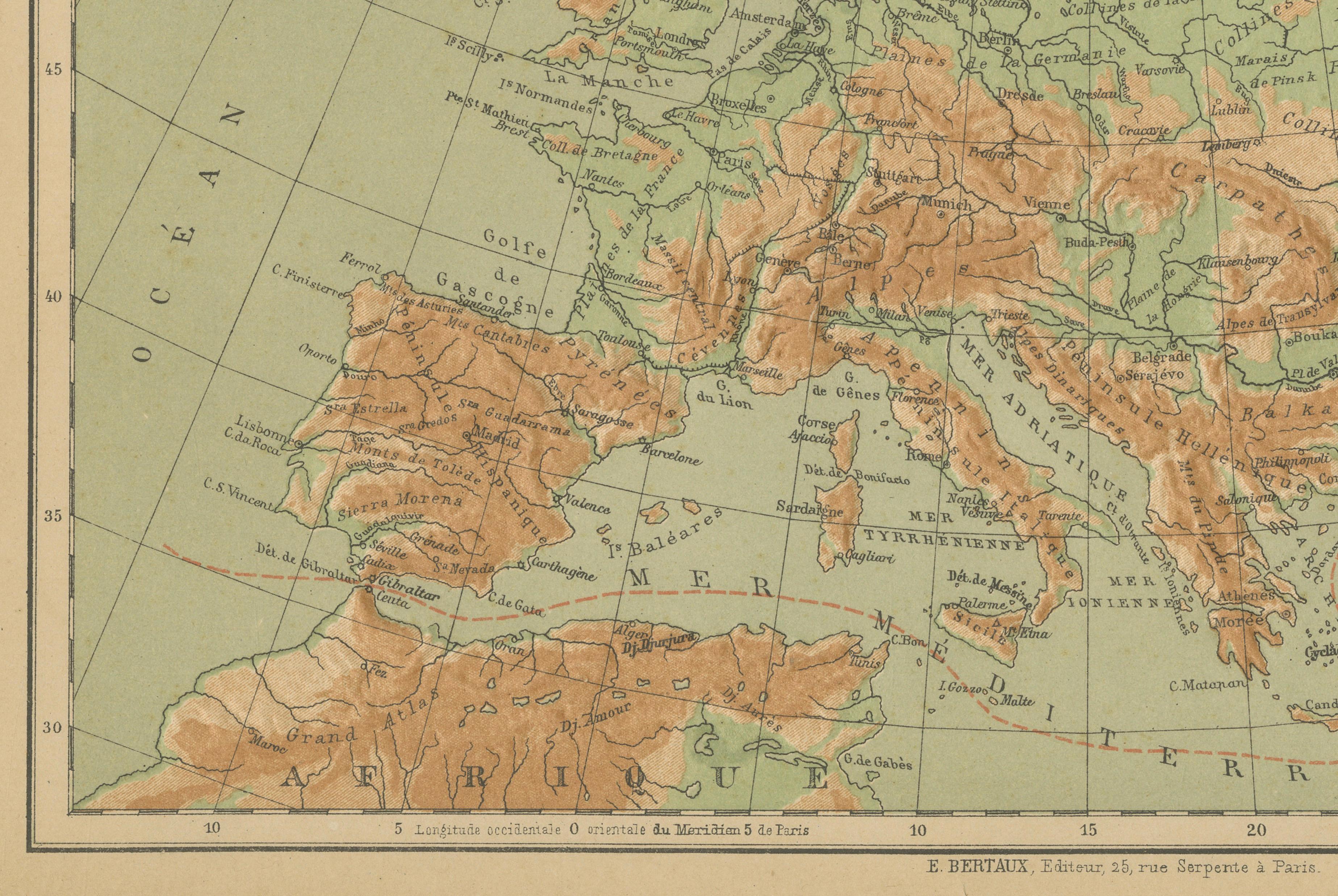 Atlas en relief de l'Europe par Hachette - Antique French Map c.1883 Bon état - En vente à Langweer, NL
