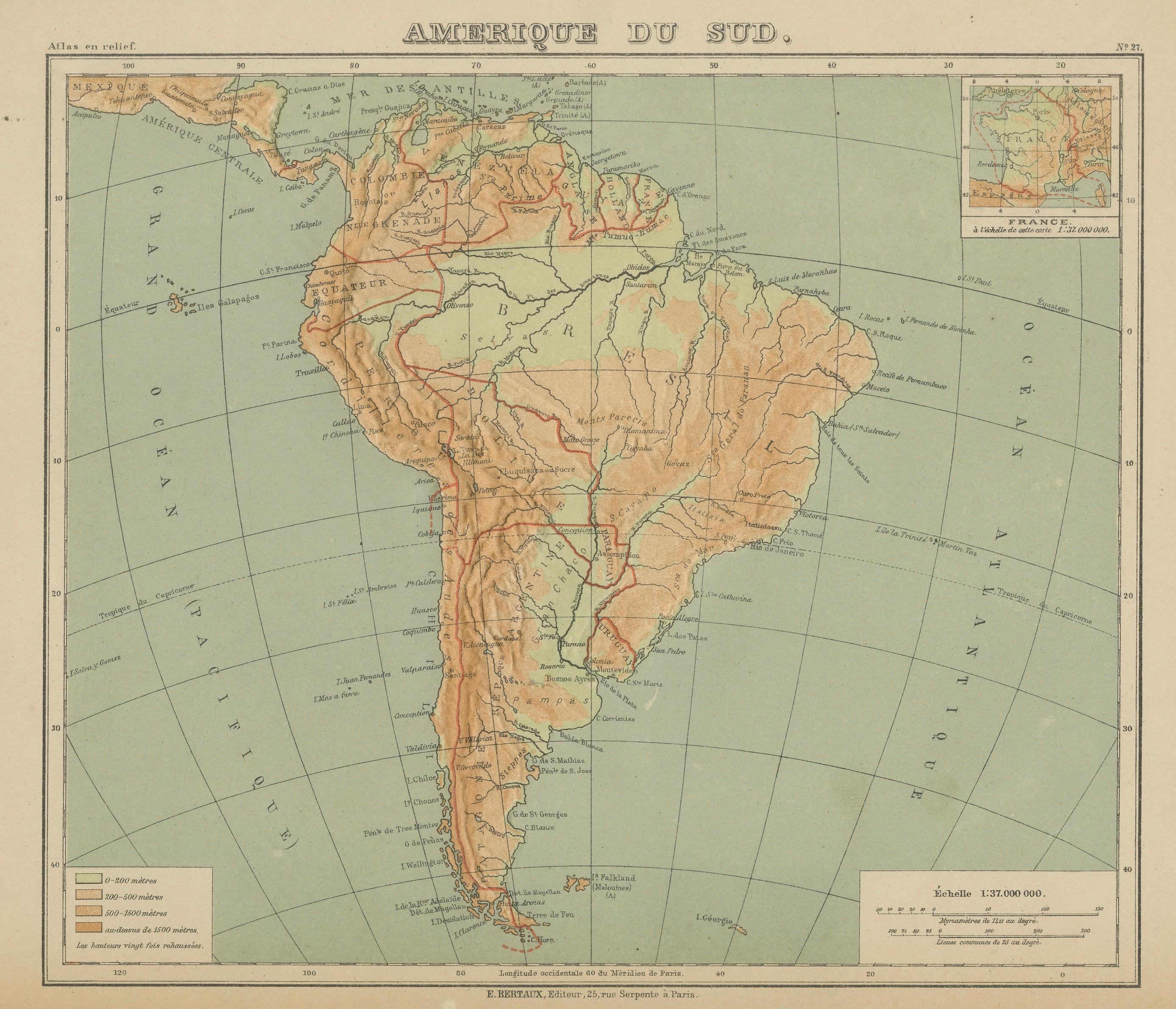 Carta geografica antica del Sud America - Carta fisica in rilievo di Hachette, 1883 ca.

Descrizione:
Questa mappa antica intitolata 