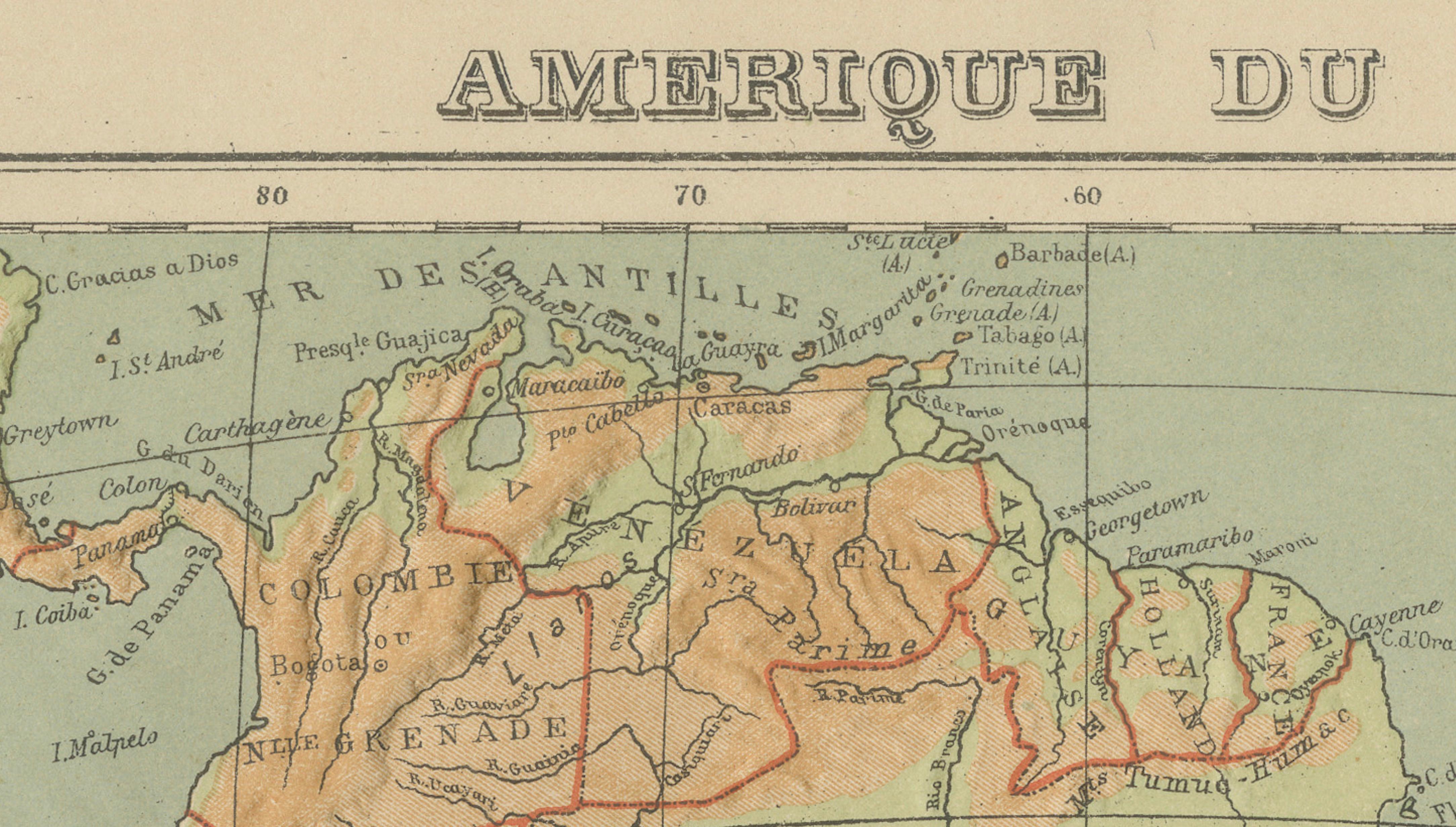 Francese Mappa dell'Atlante in rilievo del Sud America di Hachette - Carta geografica francese antica del 1883 ca. in vendita