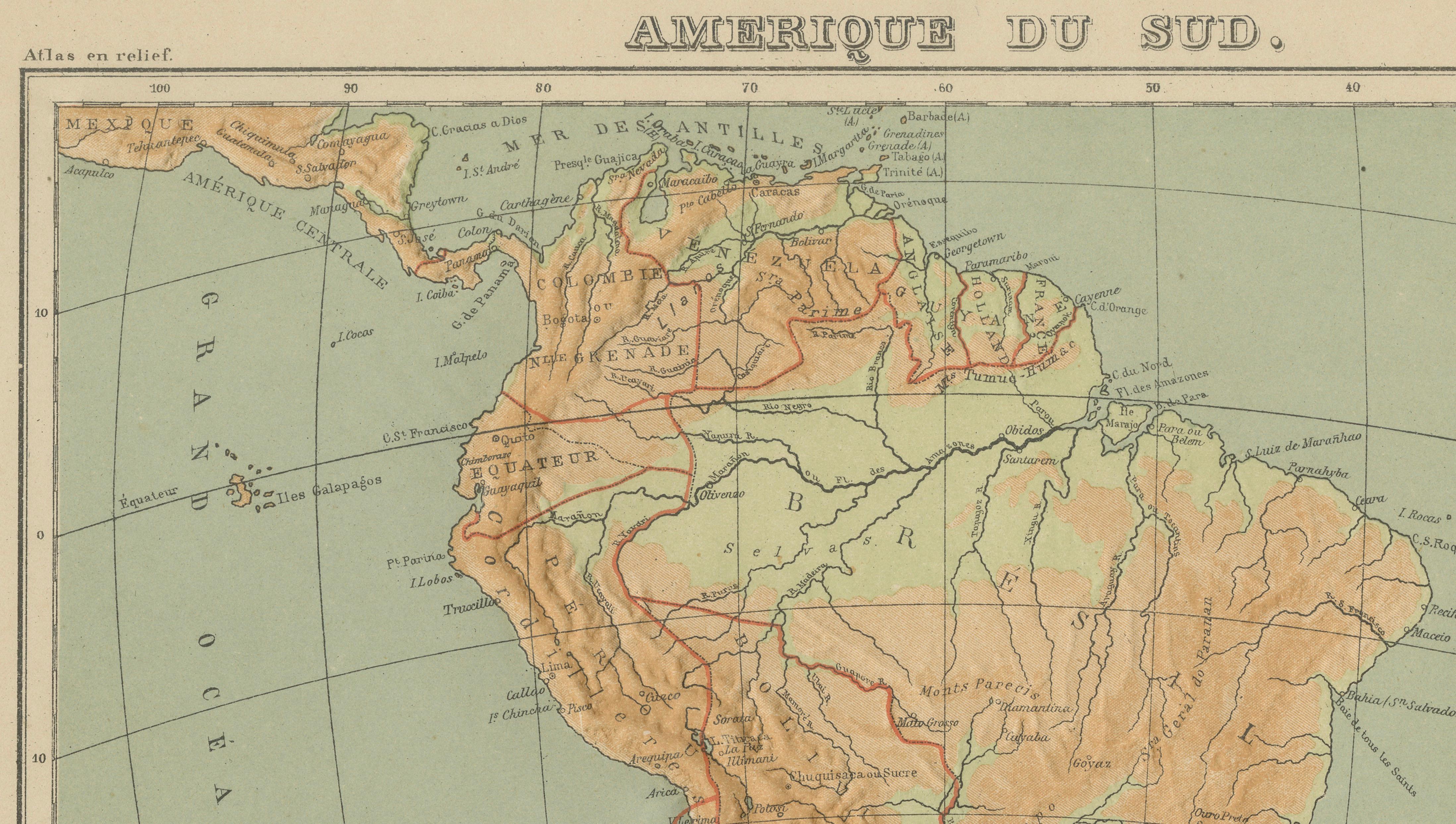 Mappa dell'Atlante in rilievo del Sud America di Hachette - Carta geografica francese antica del 1883 ca. In condizioni buone in vendita a Langweer, NL