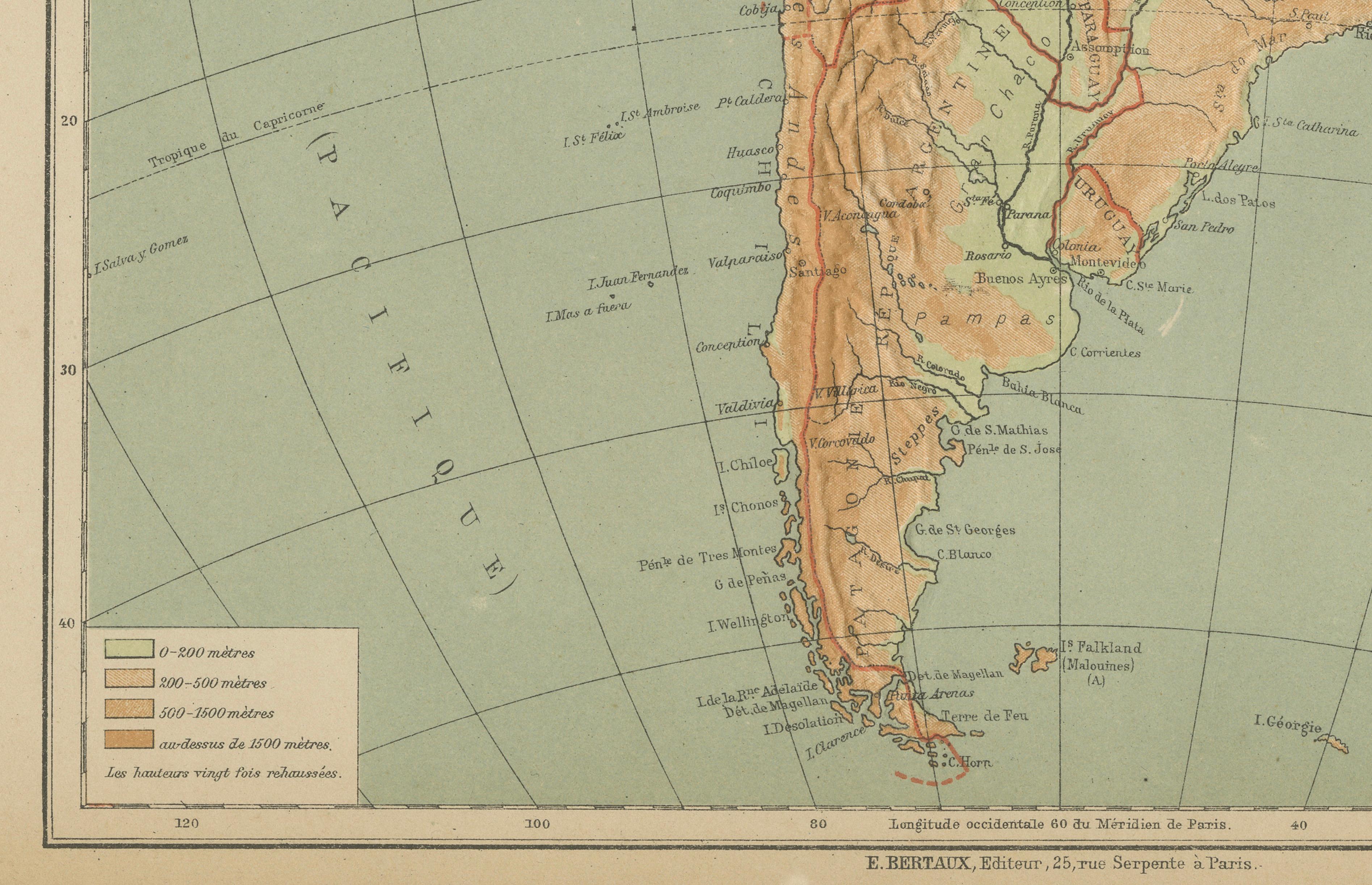 XIX secolo Mappa dell'Atlante in rilievo del Sud America di Hachette - Carta geografica francese antica del 1883 ca. in vendita