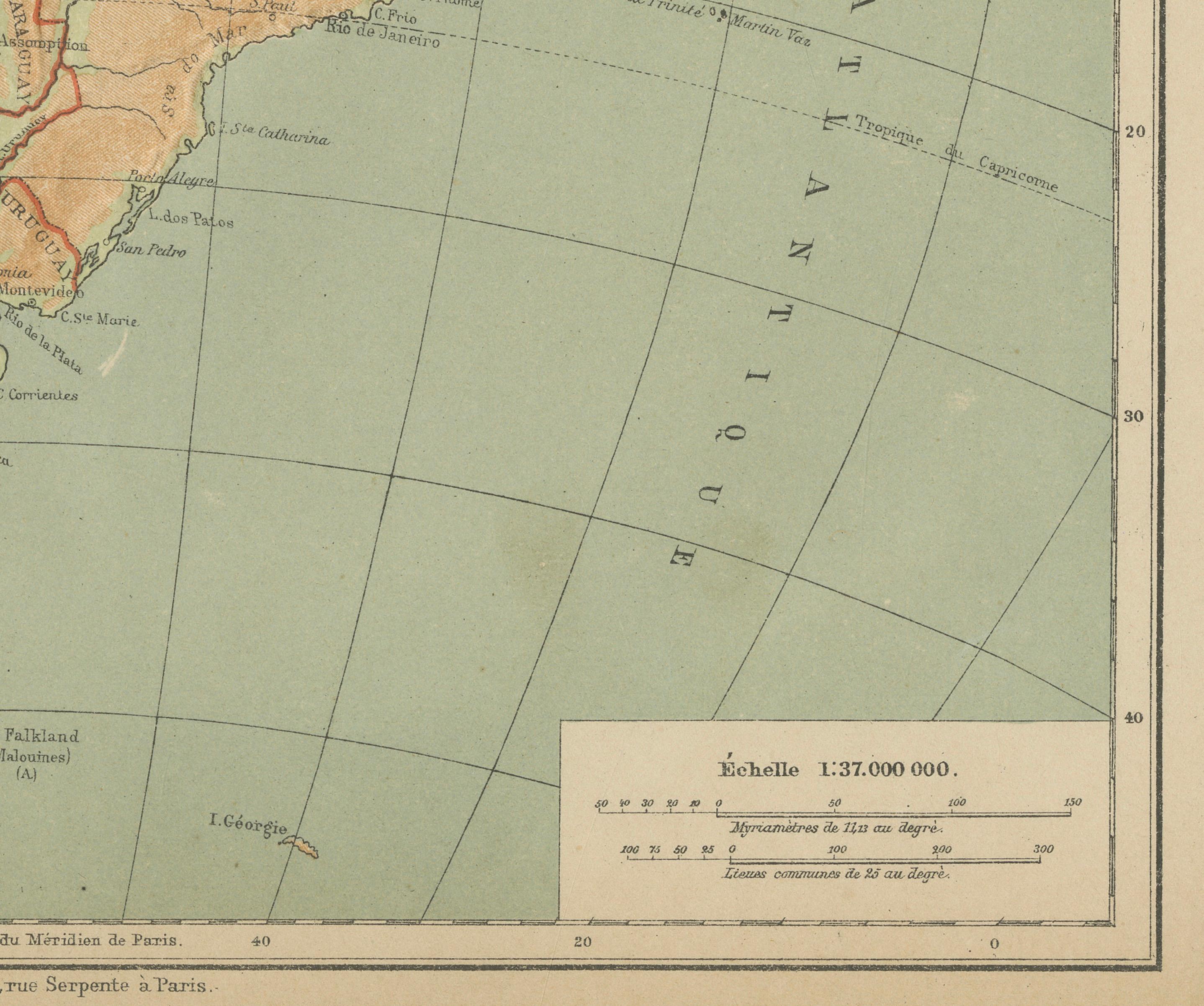 Mappa dell'Atlante in rilievo del Sud America di Hachette - Carta geografica francese antica del 1883 ca. in vendita 1