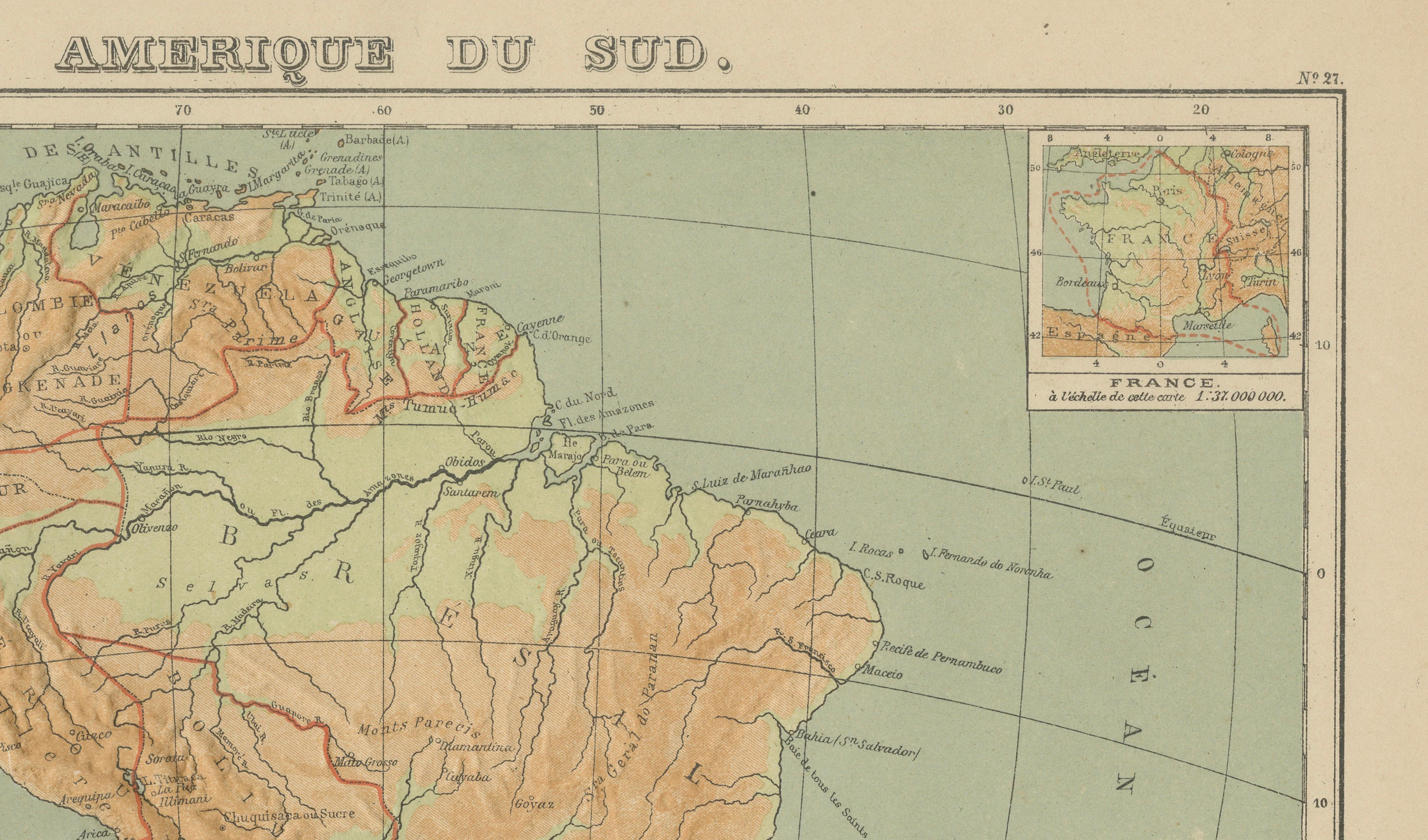 Mappa dell'Atlante in rilievo del Sud America di Hachette - Carta geografica francese antica del 1883 ca. in vendita 2