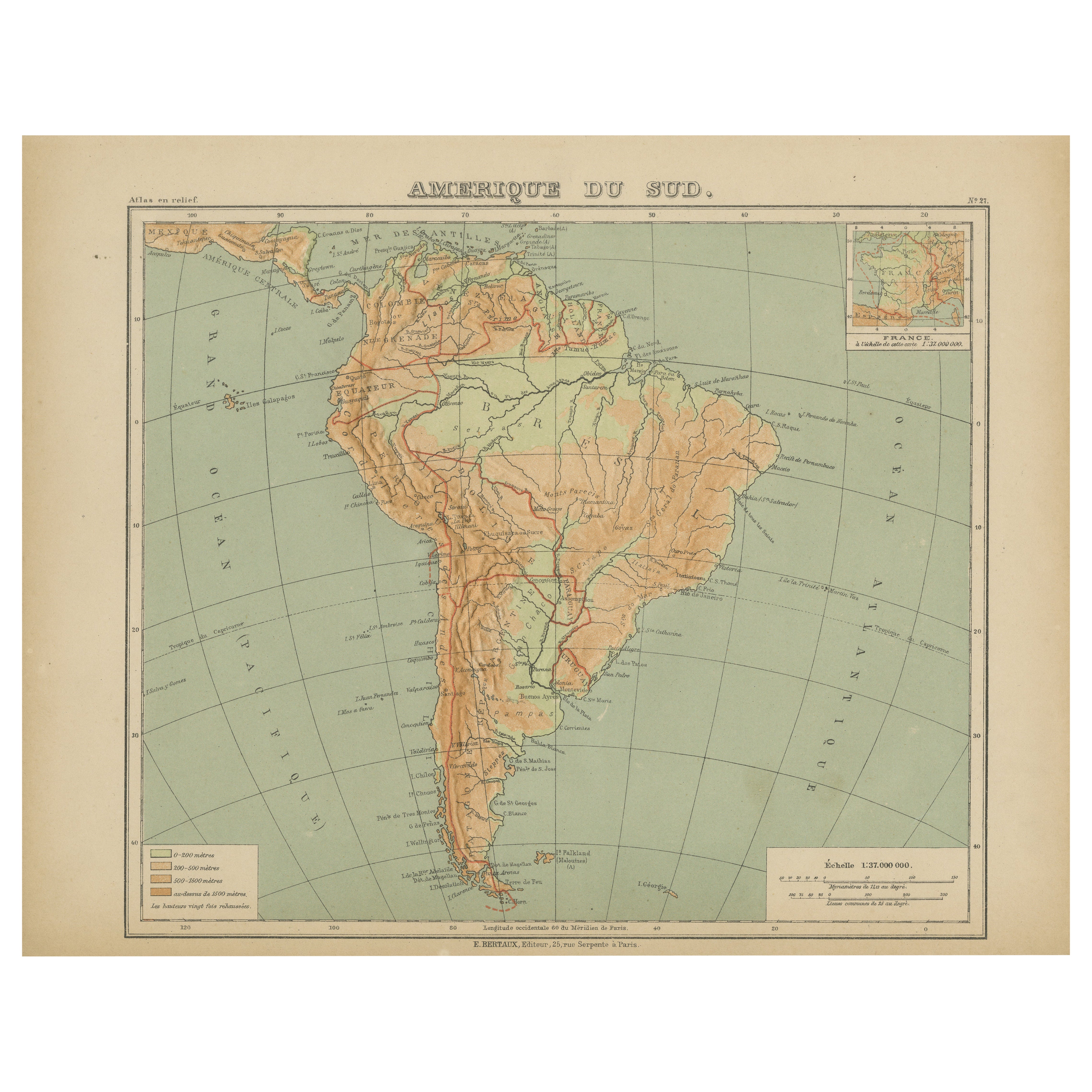 Mappa dell'Atlante in rilievo del Sud America di Hachette - Carta geografica francese antica del 1883 ca. in vendita
