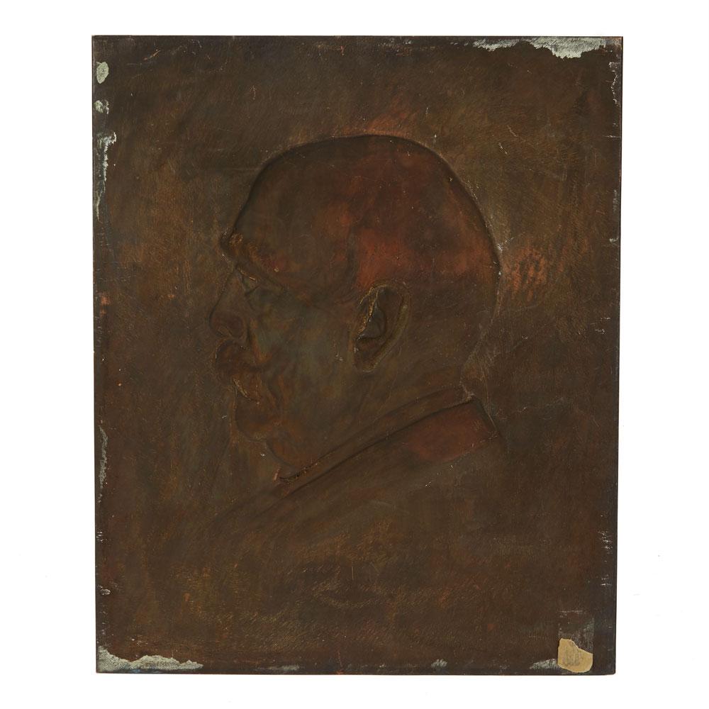 A fine antique Robbco bronze relief molded plaque with a profile portrait of Otto Von Bismarck signed H Magnusson and dated 1896. The large rectangular plaque has a crest to the upper right corner and is titled below the profile.