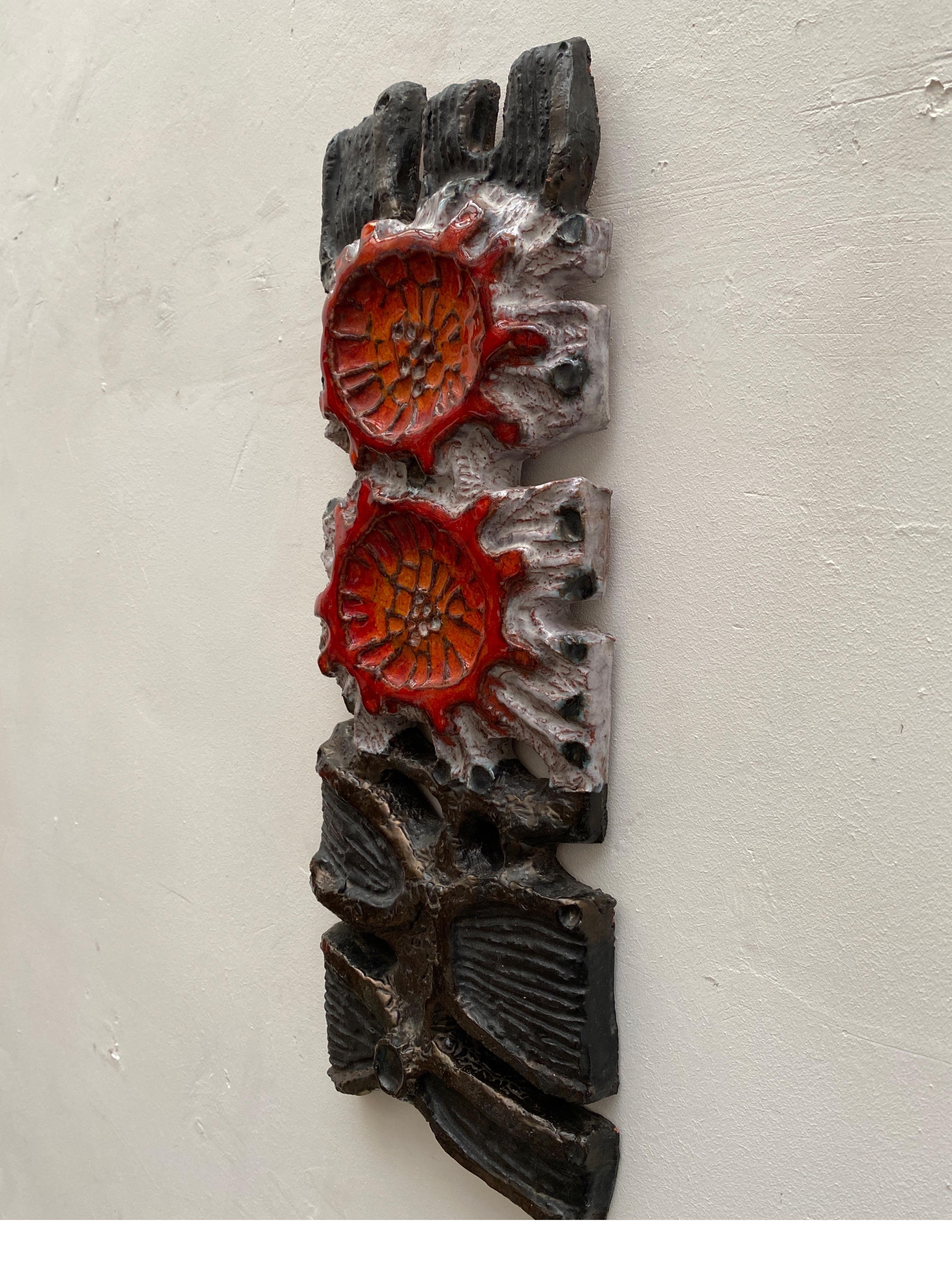 Glazed Relief Flower Plaque Wall Mounted Sculpture for Patio, 1960s Perignem