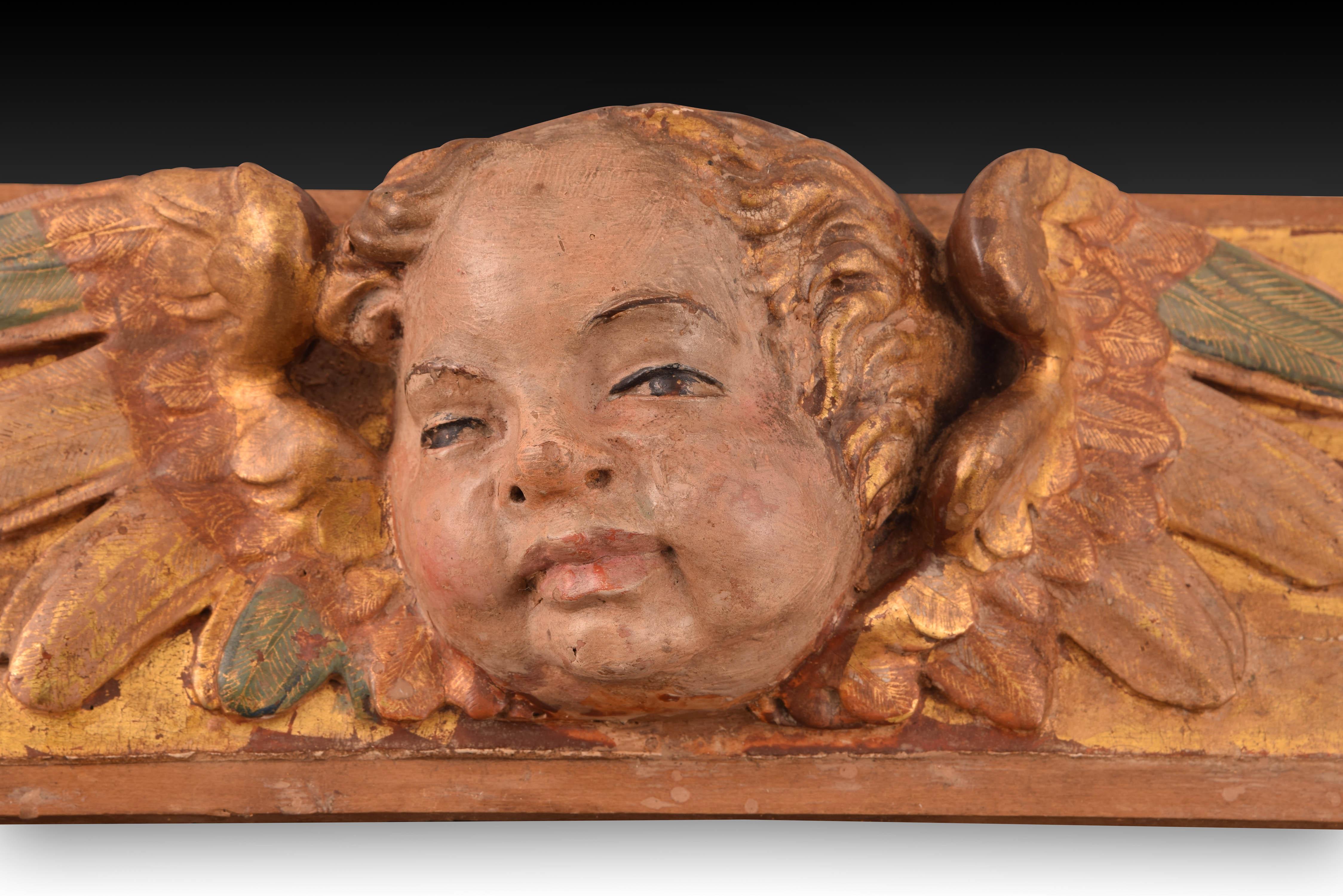Other Relief with angel head. Polychrome and gilded wood. Spanish school, 16th century For Sale