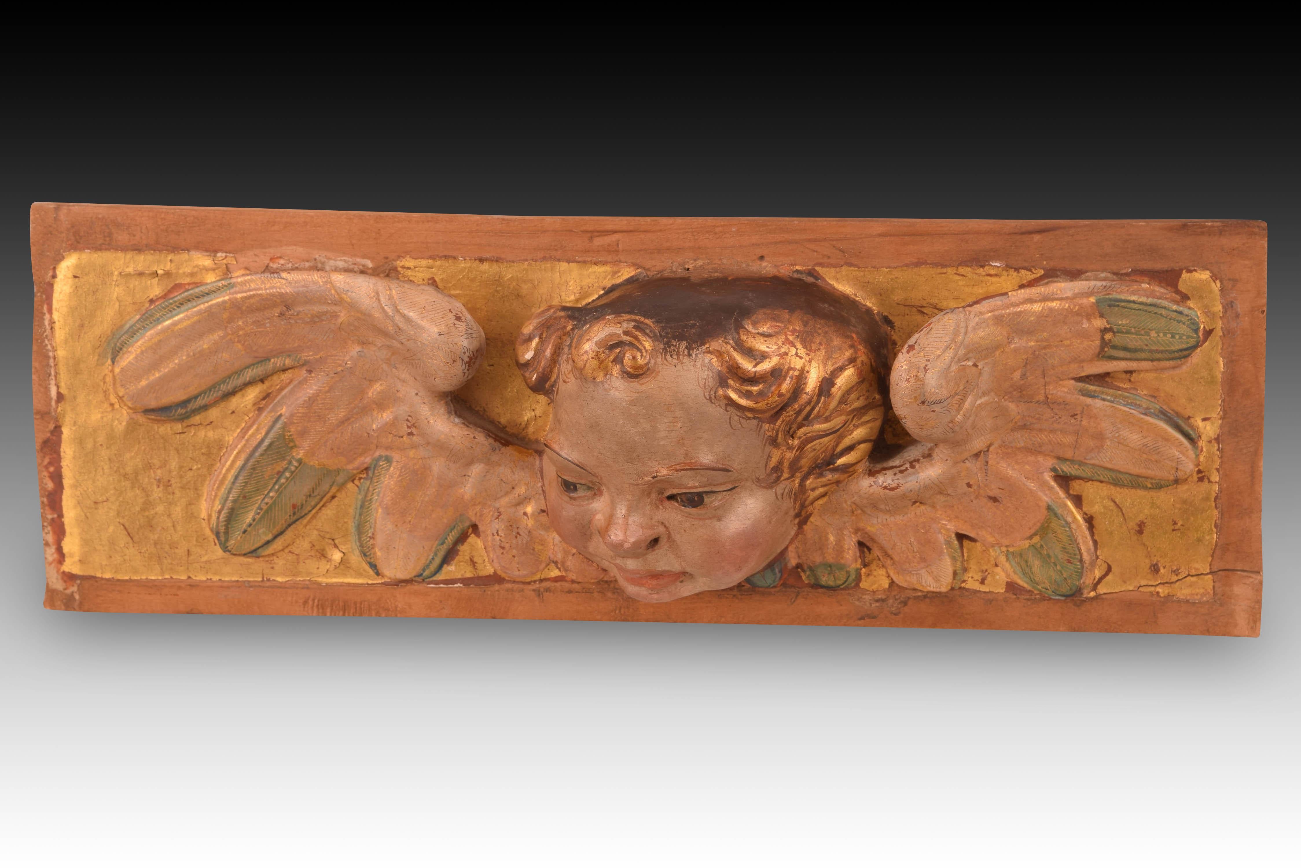 XVIIIe siècle et antérieur Reliefs avec têtes d'anges. Wood Wood polychrome et doré. École espagnole, 16e siècle en vente
