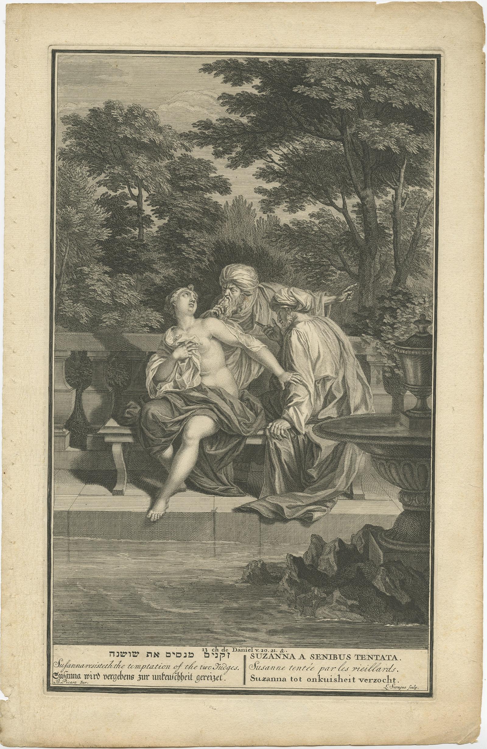 Antique religion print titled 'Susanna resisteth the temptation of the two Judges'. 

She said to her maids, 