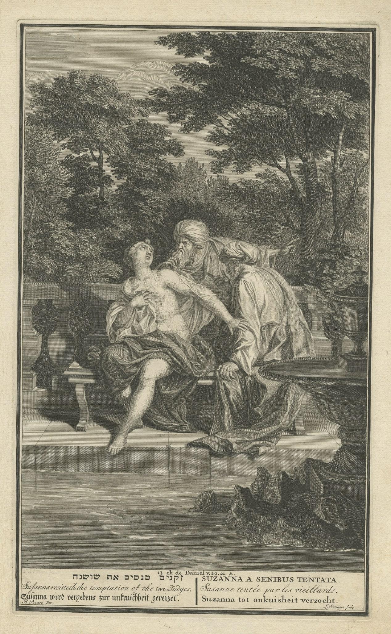 Impression religieuse intitulée « Susanna résiste à la tentation des deux juges », 1728 Bon état - En vente à Langweer, NL