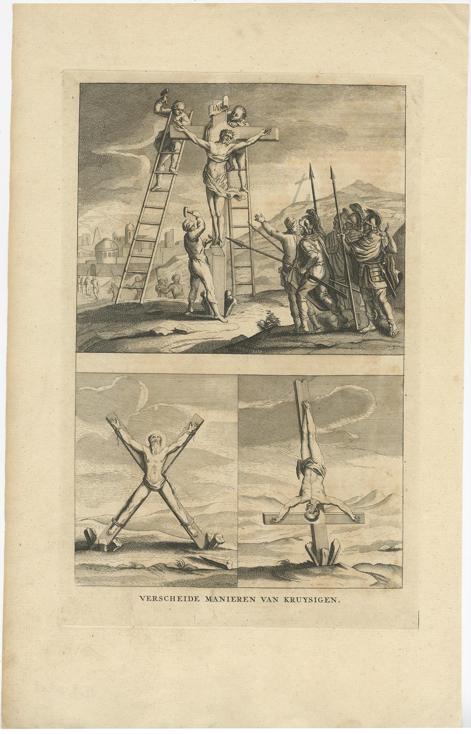 Description: Three religious images on one sheet titled 'Verscheide Manieren van Kruysigen'. 

Various methods of crucifixion. This print depicts religious punishments and originates from 'Byvoegzel tot het Algemeen Groot Historisch, Oordeelkundig,