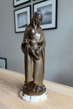 Religious Antique Fine Bronze Mary and Child Sculpture Mounted on an Marble Base