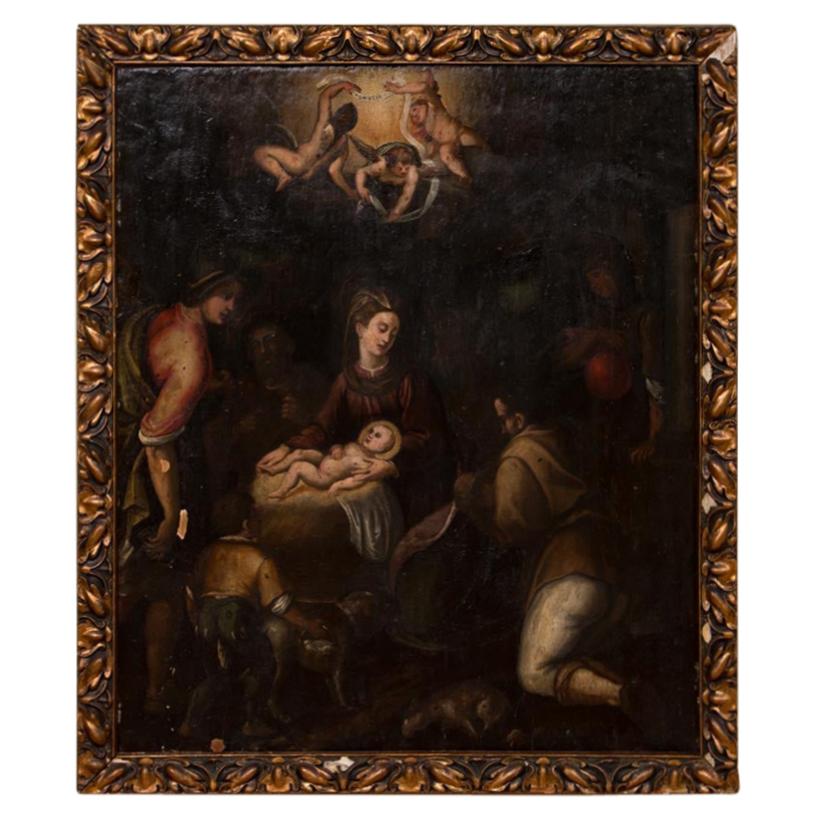 Religious Antique Oil on Wood Panel Painting of the Nativity