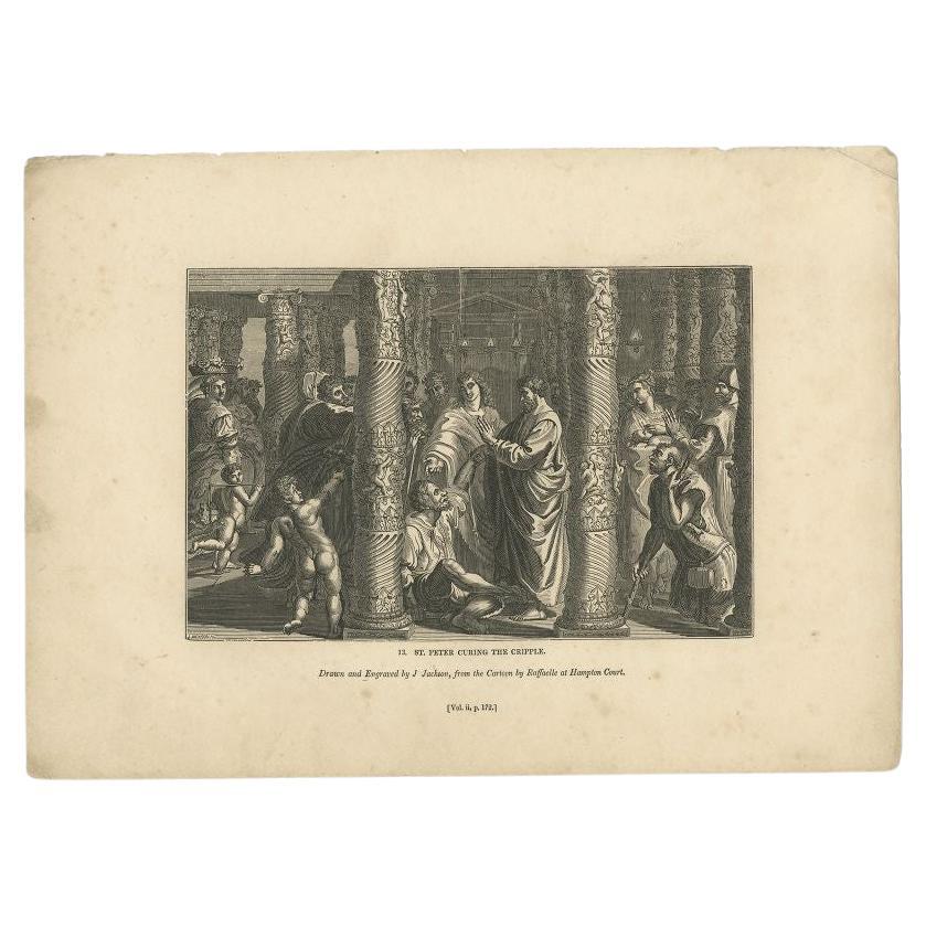 Antique print titled 'St. Peter curing the Cripple'. Old print of St. Peter curing the cripple. This print originates from 'One Hundred and Fifty Wood Cuts selected from the Penny Magazine'.

Artists and Engravers: Published by Charles Knight.