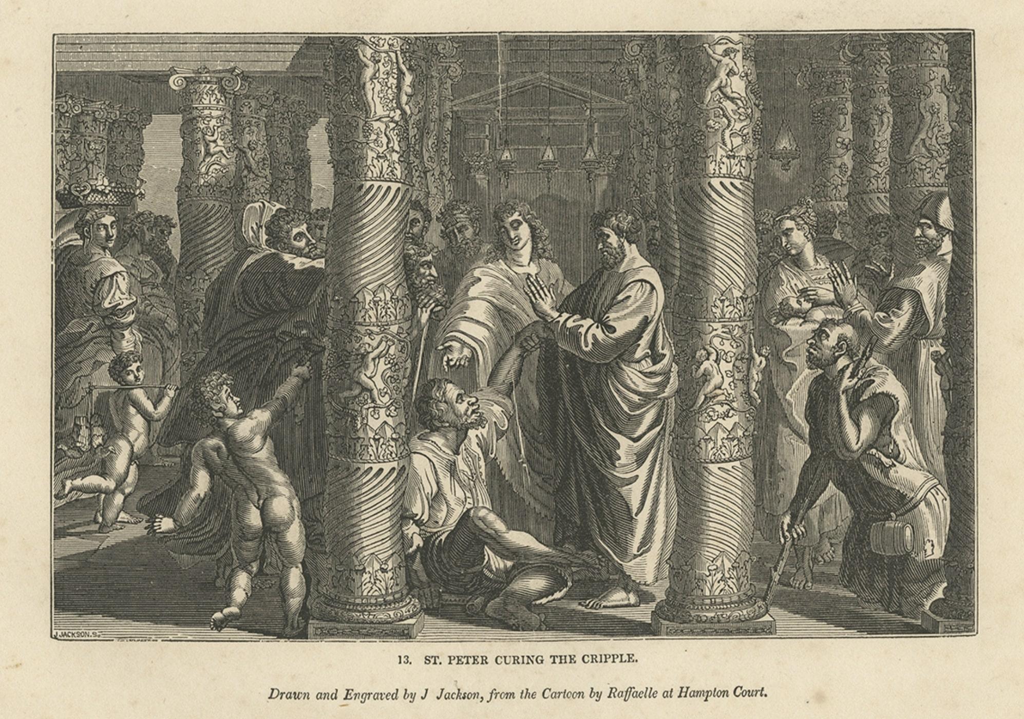 Religiöser antiker Druck des Heiligen Peter, Healing the Cripple, 1835 (Papier) im Angebot