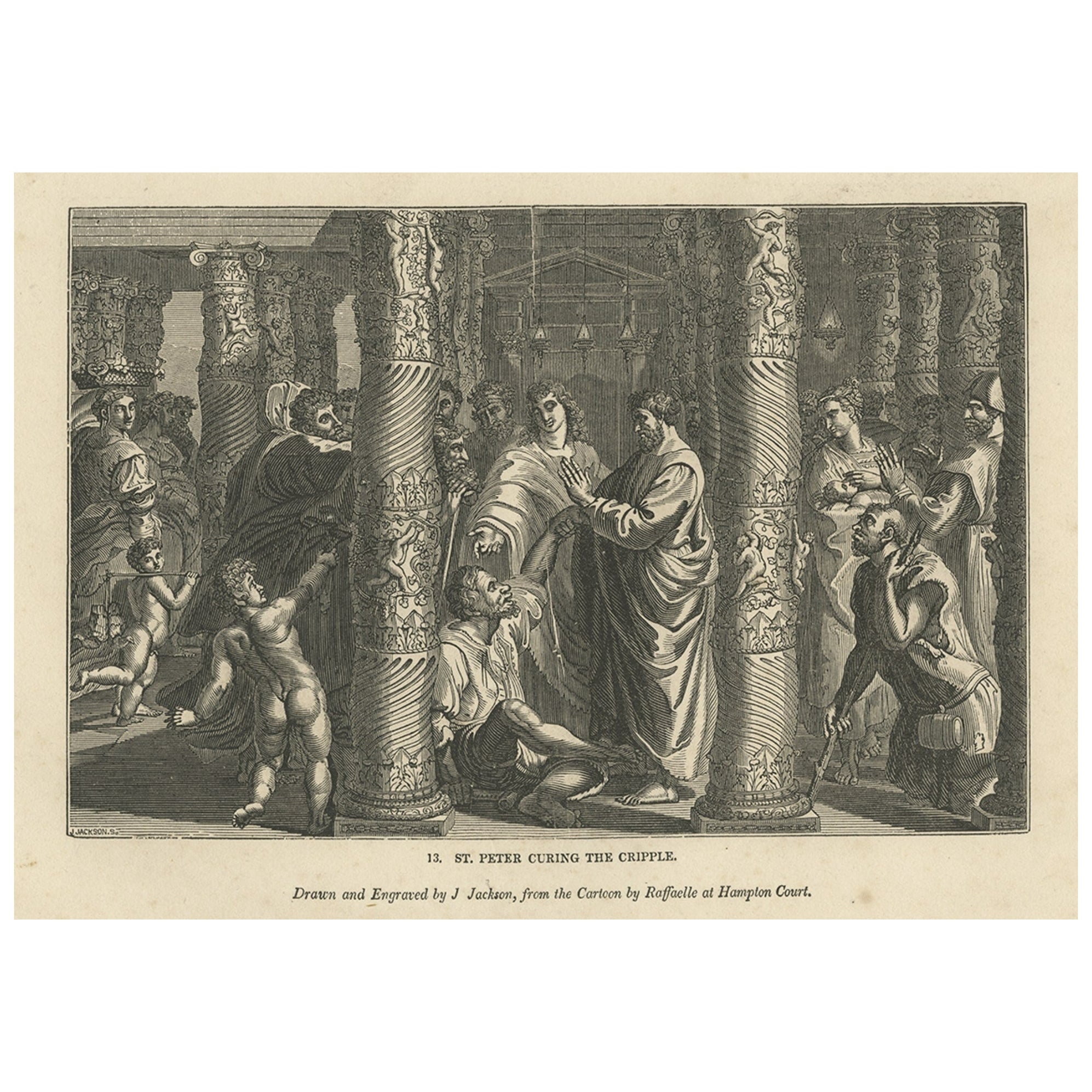 Religiöser antiker Druck des Heiligen Peter, Healing the Cripple, 1835 im Angebot