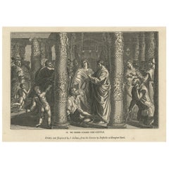Grabado religioso antiguo de San Pedro curando al tullido, 1835