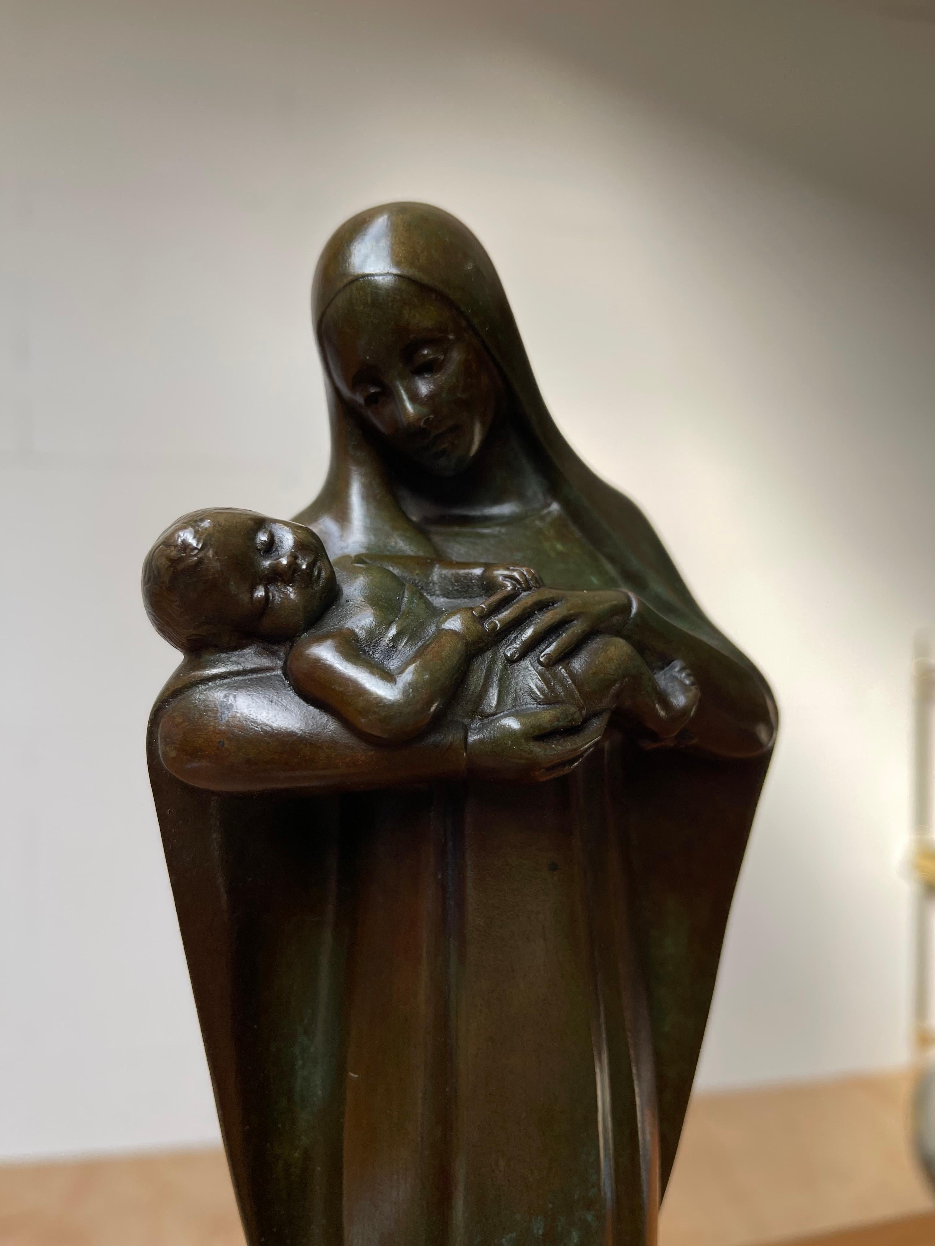 Religious Art Deco Fine Bronze Mary and Child Sculpture Mounted on an Onyx Base 4