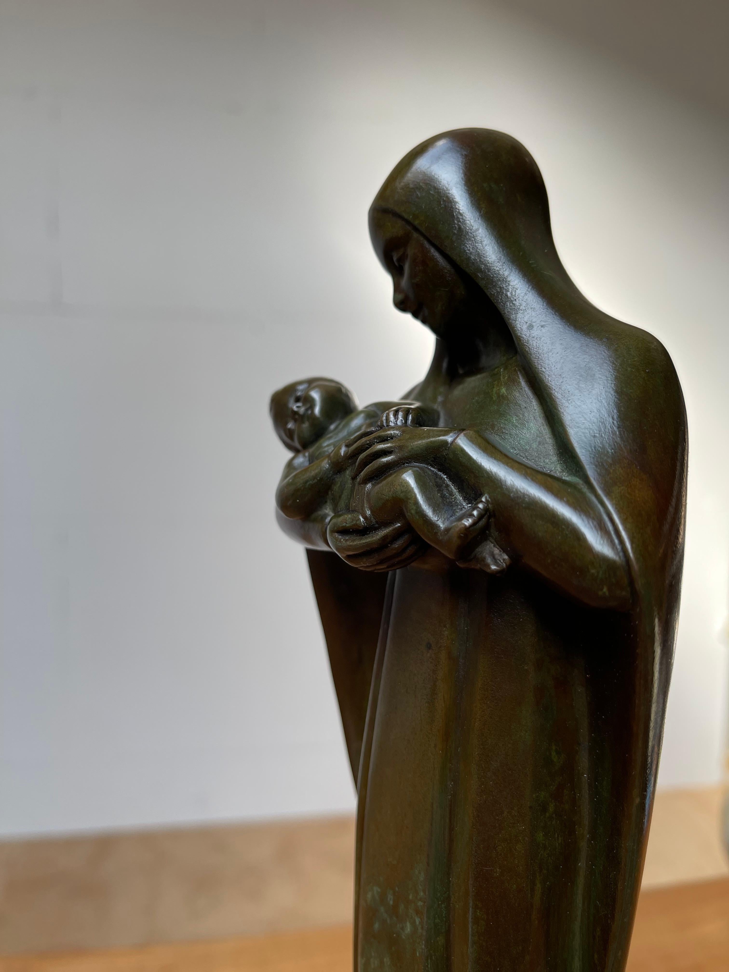 Religious Art Deco Fine Bronze Mary and Child Sculpture Mounted on an Onyx Base 5