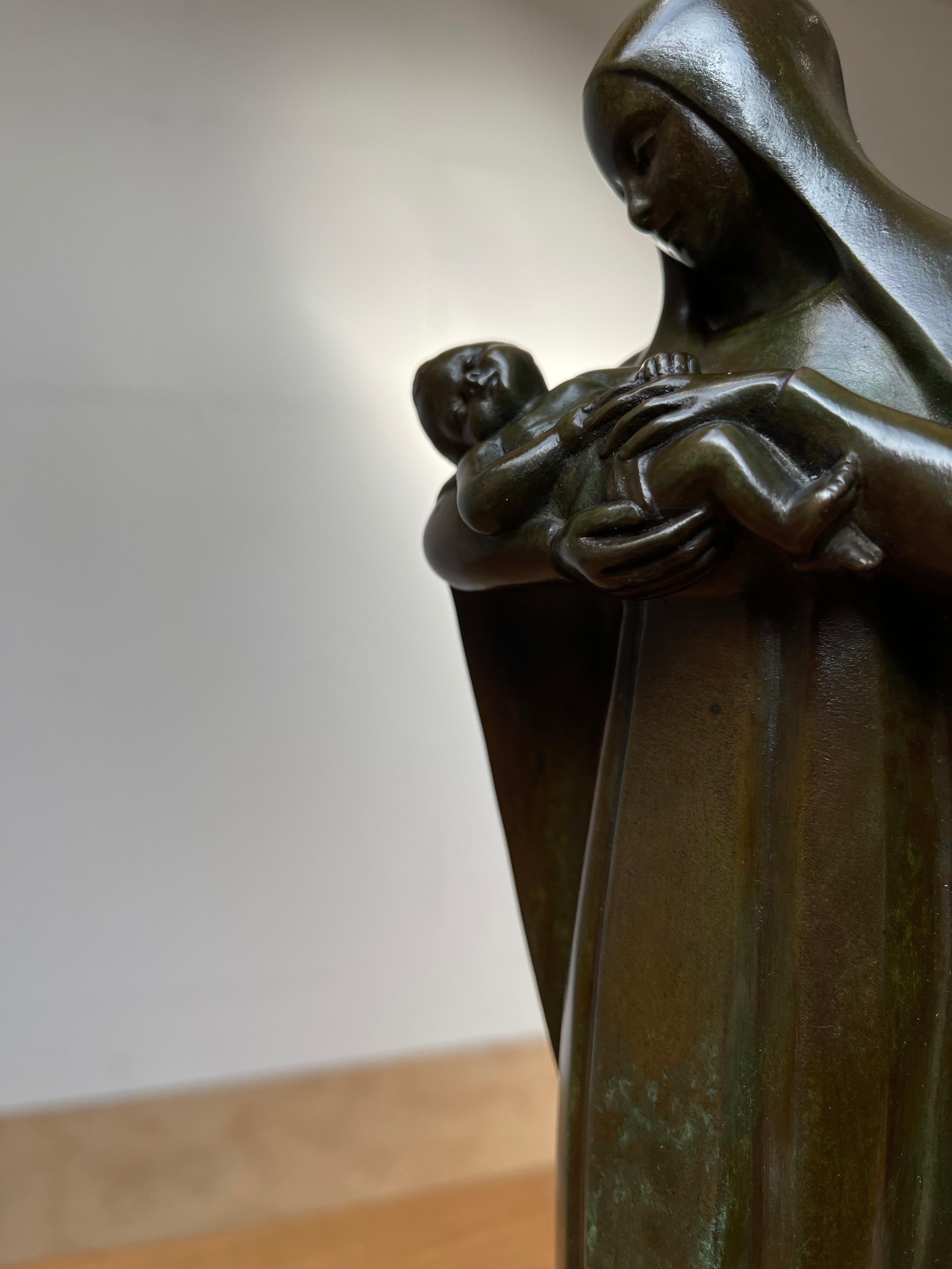 Religious Art Deco Fine Bronze Mary and Child Sculpture Mounted on an Onyx Base 6