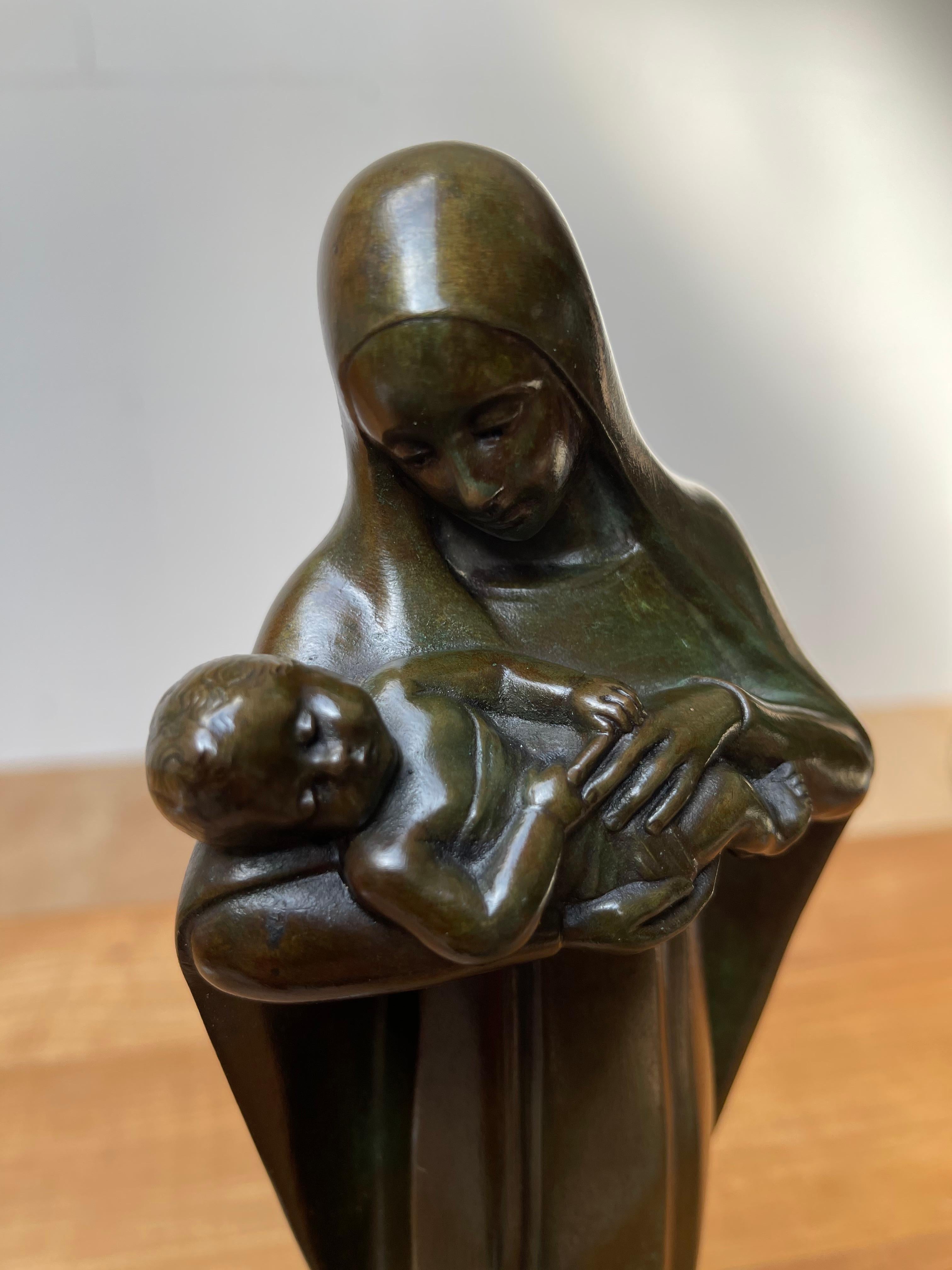 Religious Art Deco Fine Bronze Mary and Child Sculpture Mounted on an Onyx Base 7