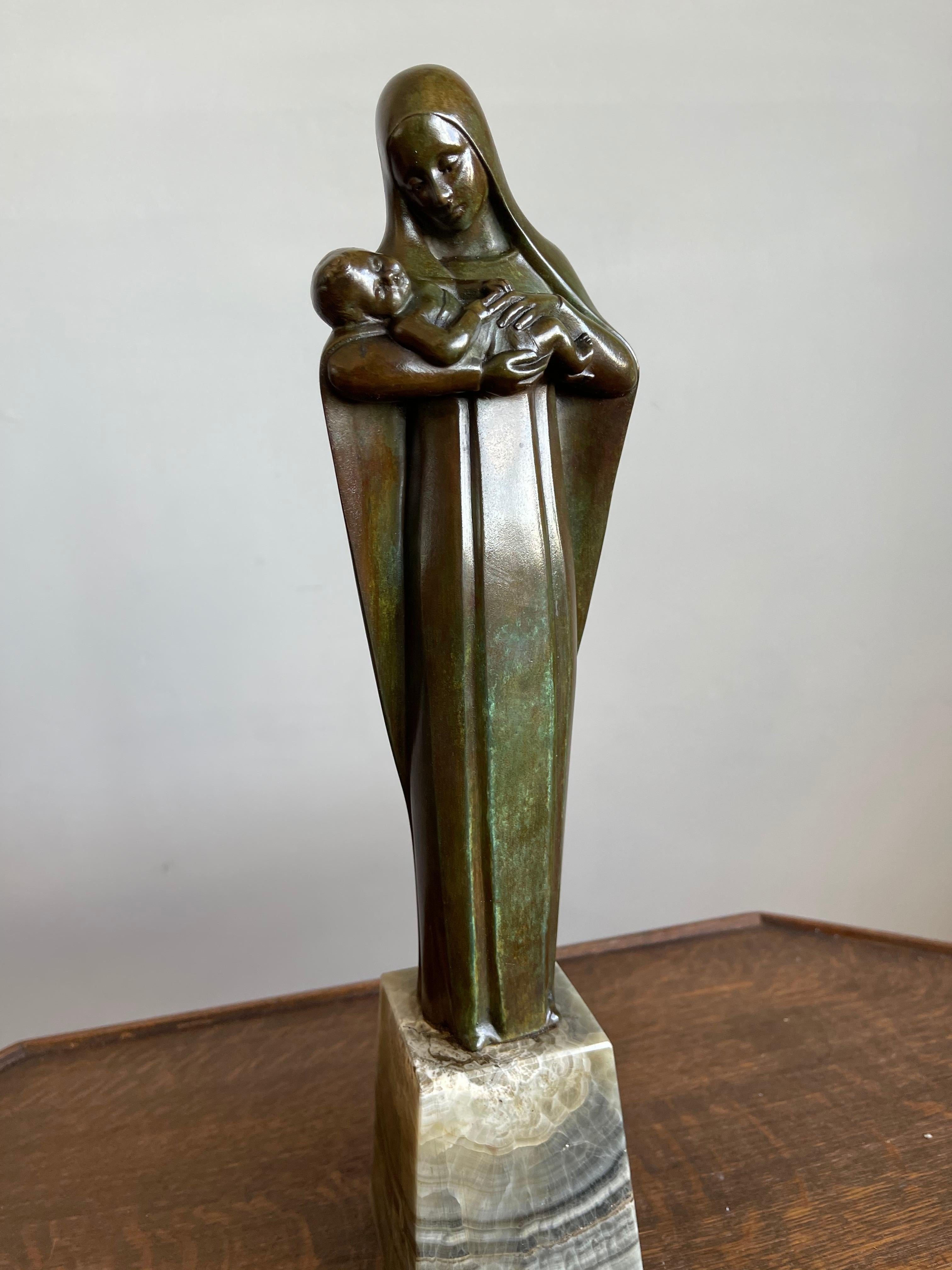 Religious Art Deco Fine Bronze Mary and Child Sculpture Mounted on an Onyx Base 11