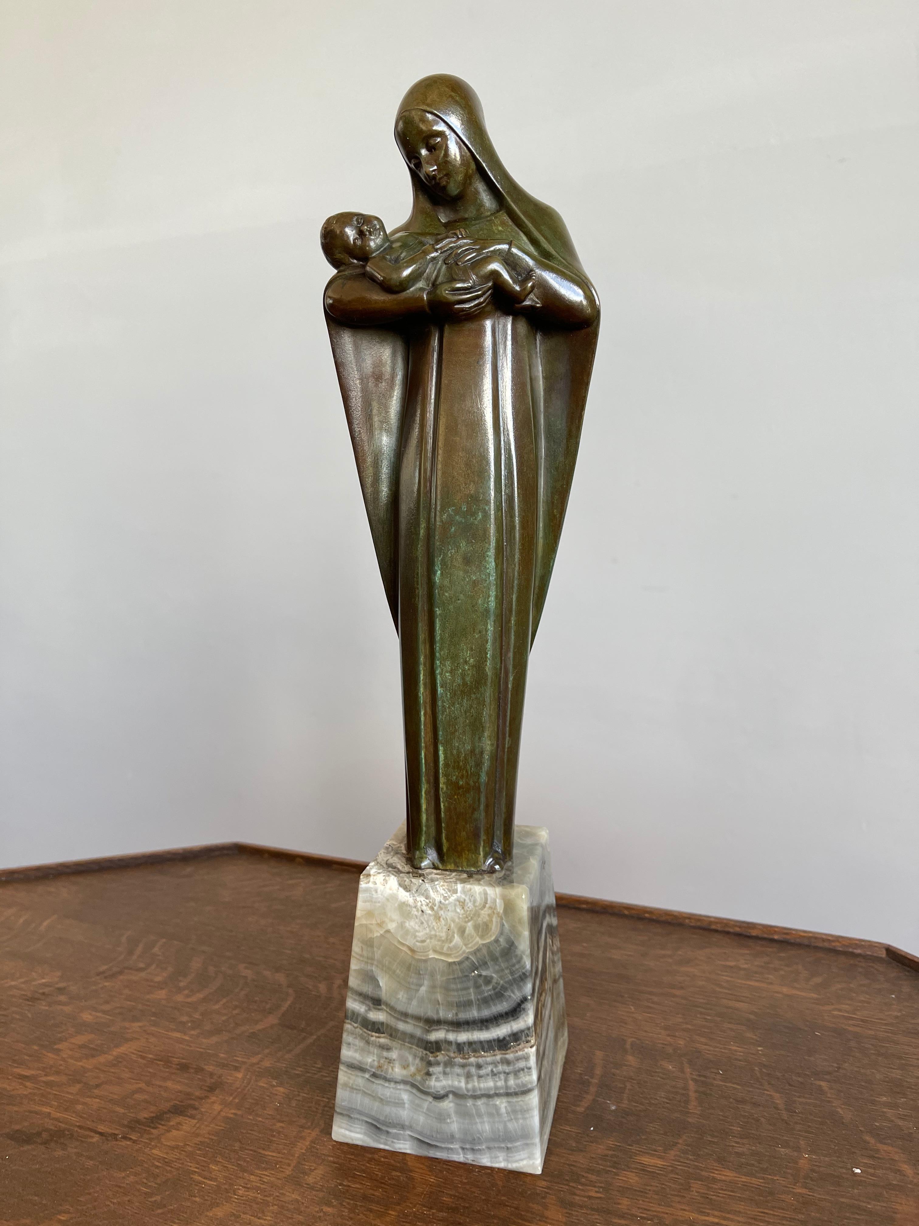 Religious Art Deco Fine Bronze Mary and Child Sculpture Mounted on an Onyx Base 13