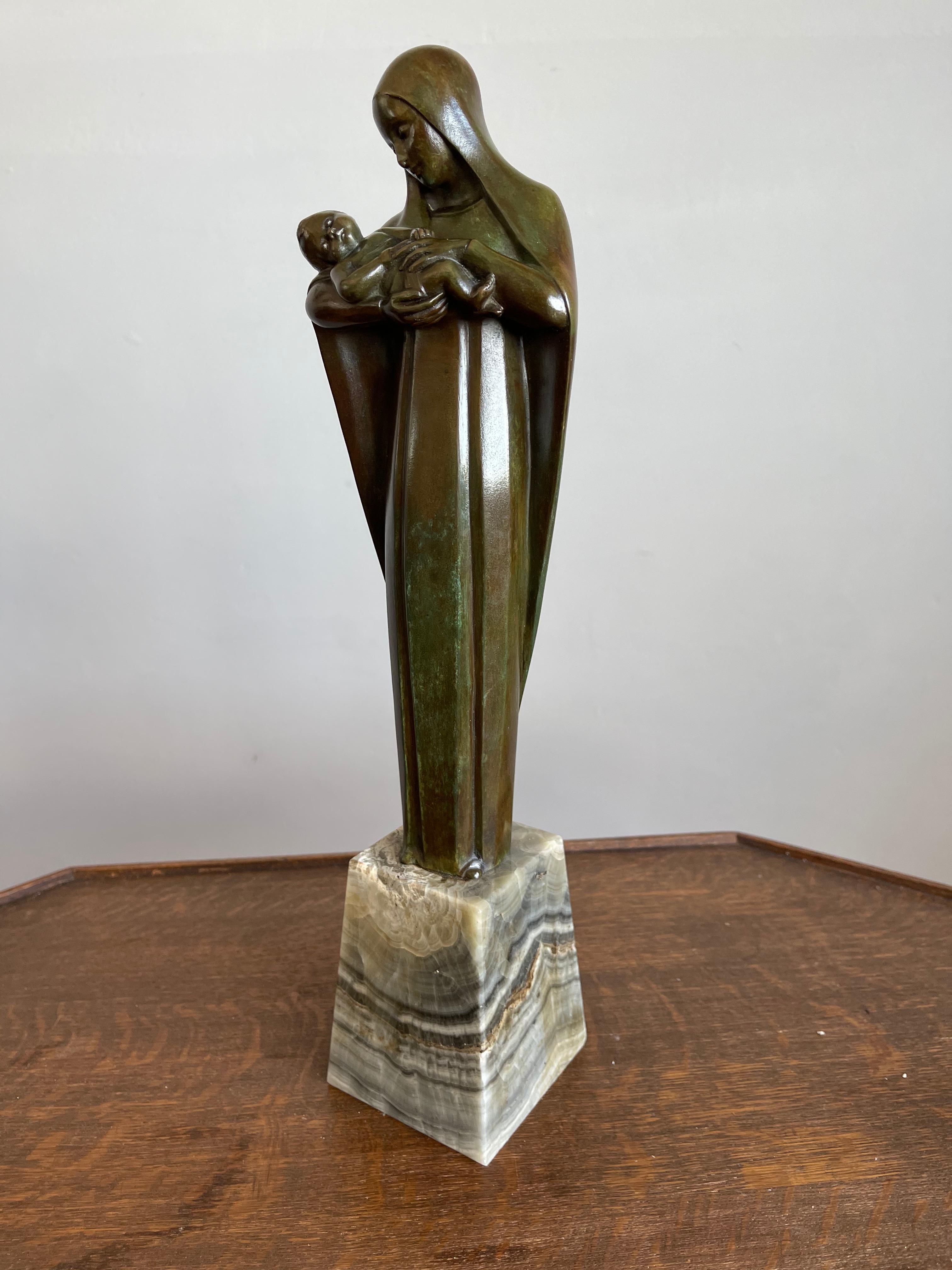 European Religious Art Deco Fine Bronze Mary and Child Sculpture Mounted on an Onyx Base