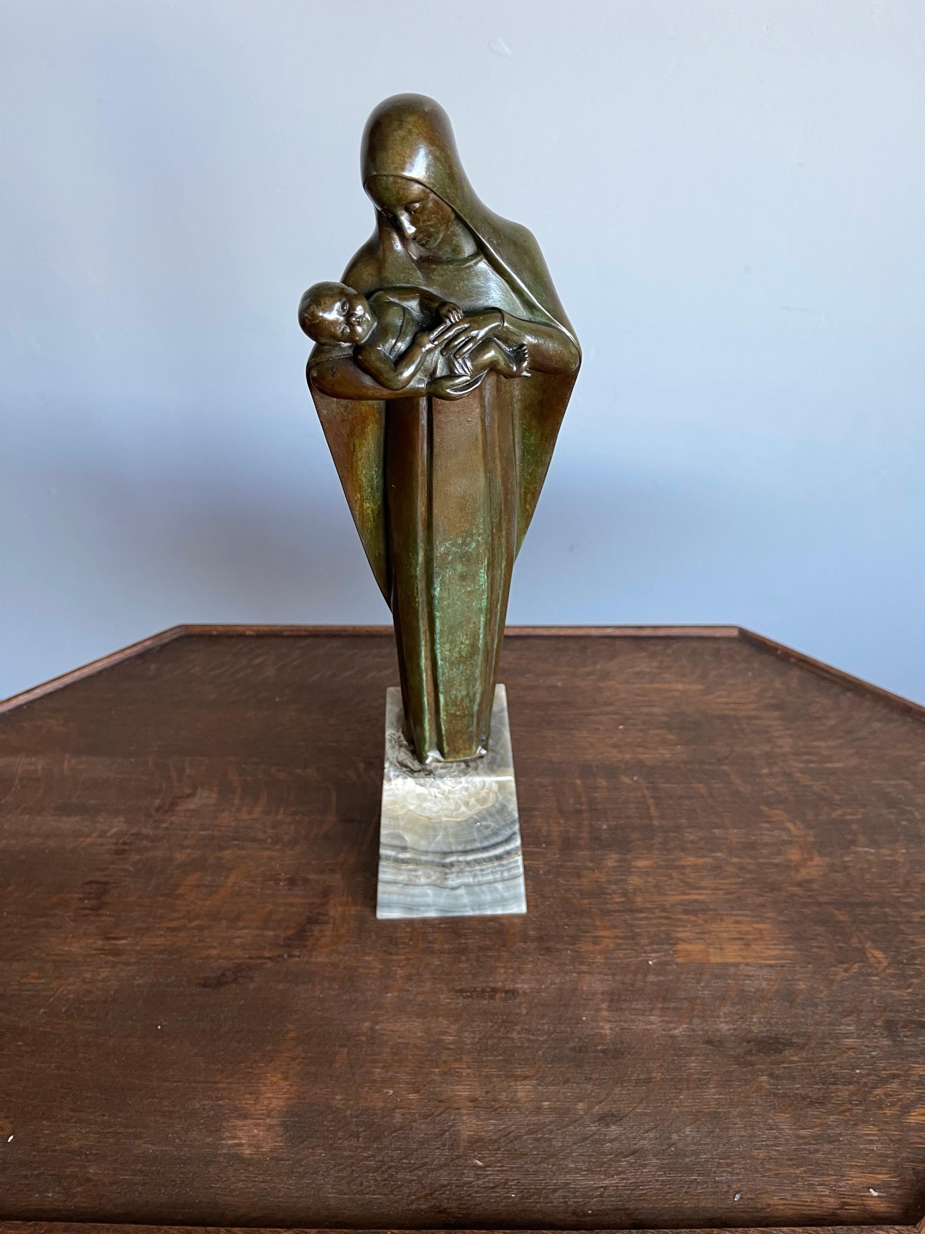 Hand-Crafted Religious Art Deco Fine Bronze Mary and Child Sculpture Mounted on an Onyx Base