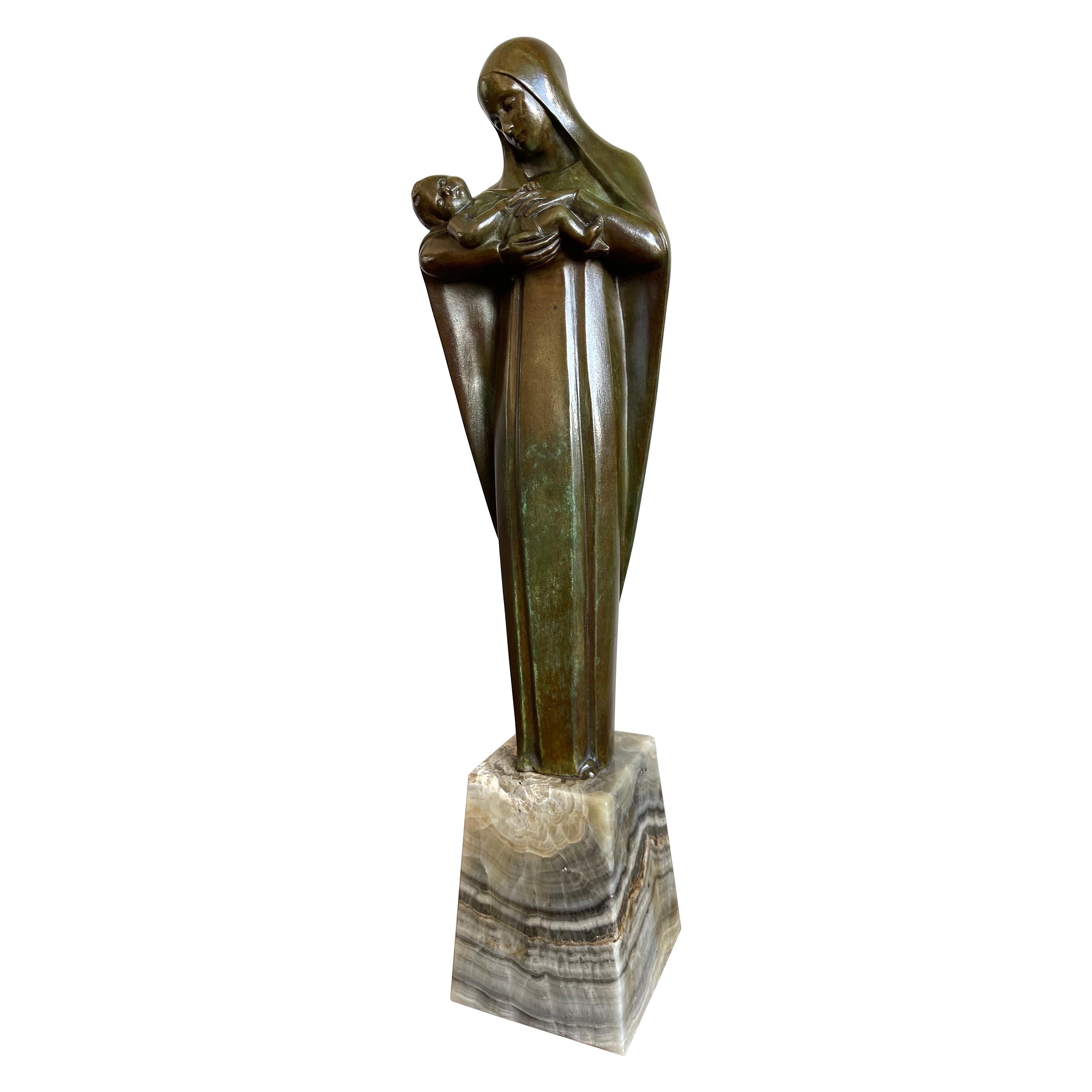 Religious Art Deco Fine Bronze Mary and Child Sculpture Mounted on an Onyx Base