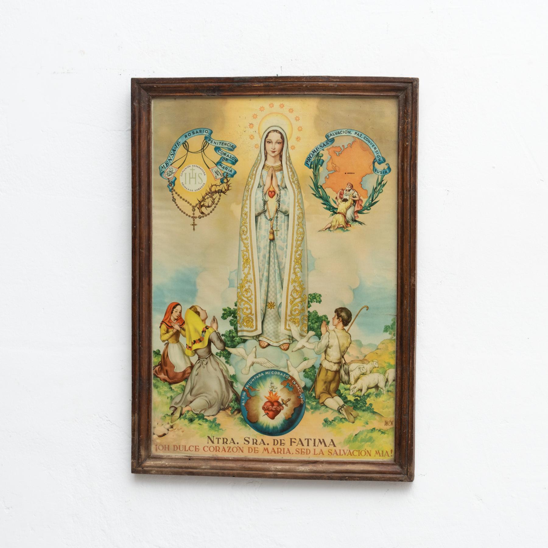 Religious artwork of virgin 'Nuestra Señora de Fátima' by unknown artist, circa 1960.

Framed.

In original condition, with minor wear consistent of age and use, preserving a beautiul patina.