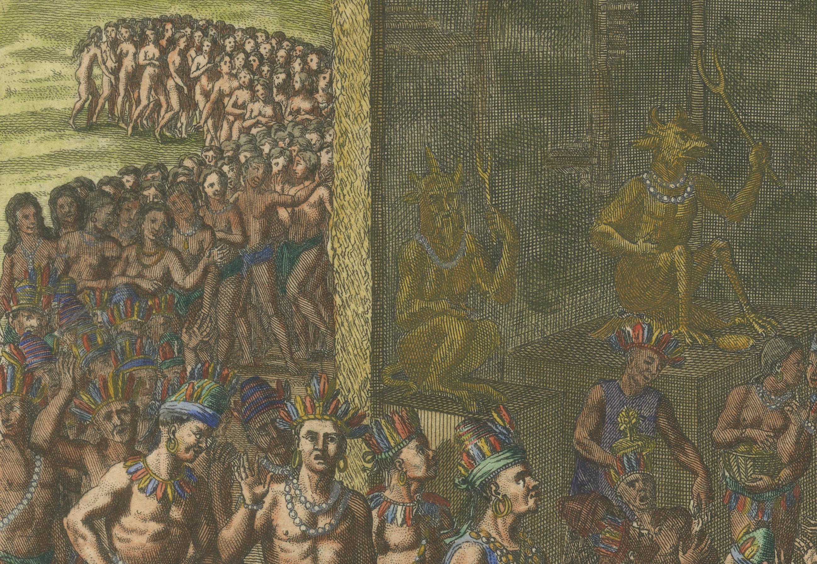 Religiöse Zeremonie der Bewohner der Insel Hispaniola, 1734

Beschreibung:
Dieser lebhaft handkolorierte Kupferstich, der 1734 in Bernard Picarts monumentalem Werk *Cérémonies et Coutumes Religieuses de tous les Peuples du Monde* veröffentlicht