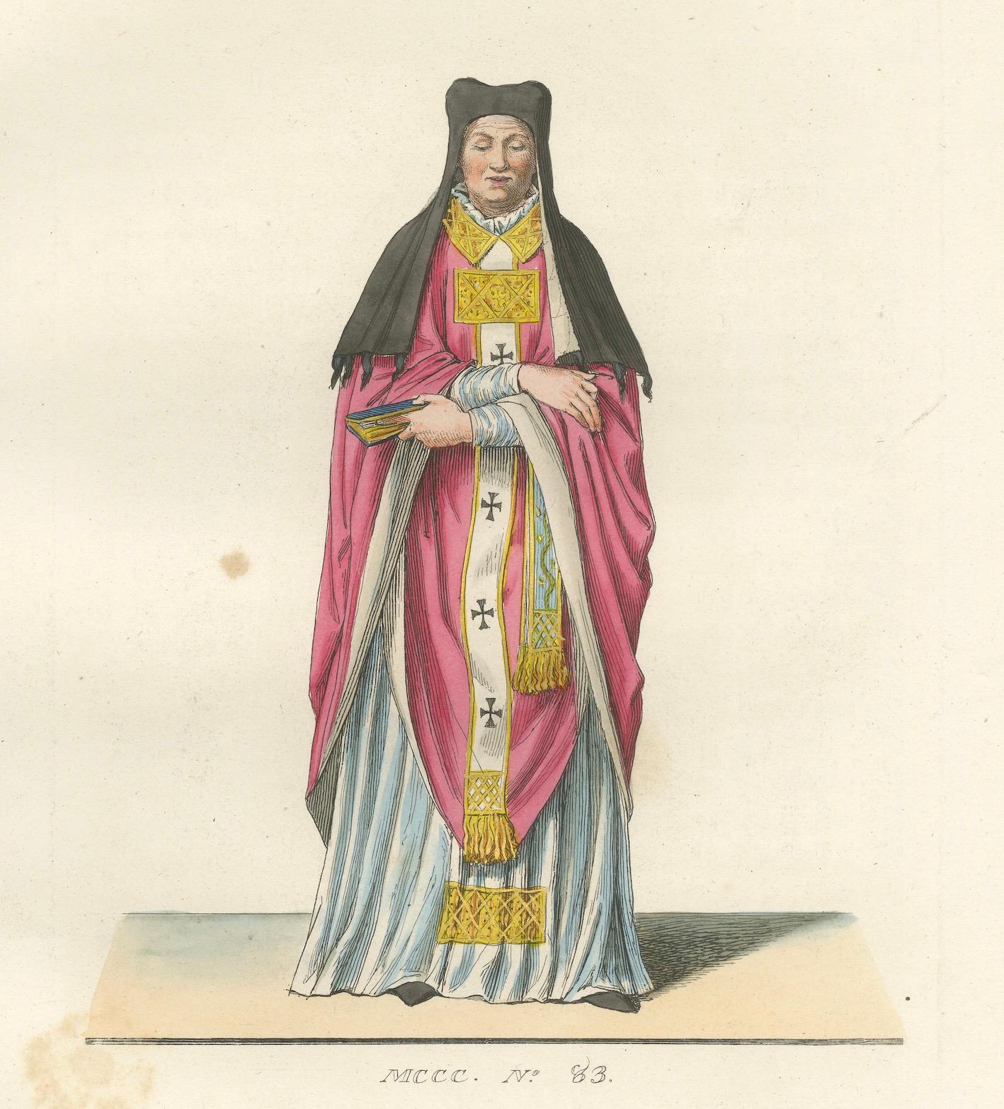 Français Costume religieux C.C. - Estampe ancienne de 1845 représentant une figure ecclésiastique en vente