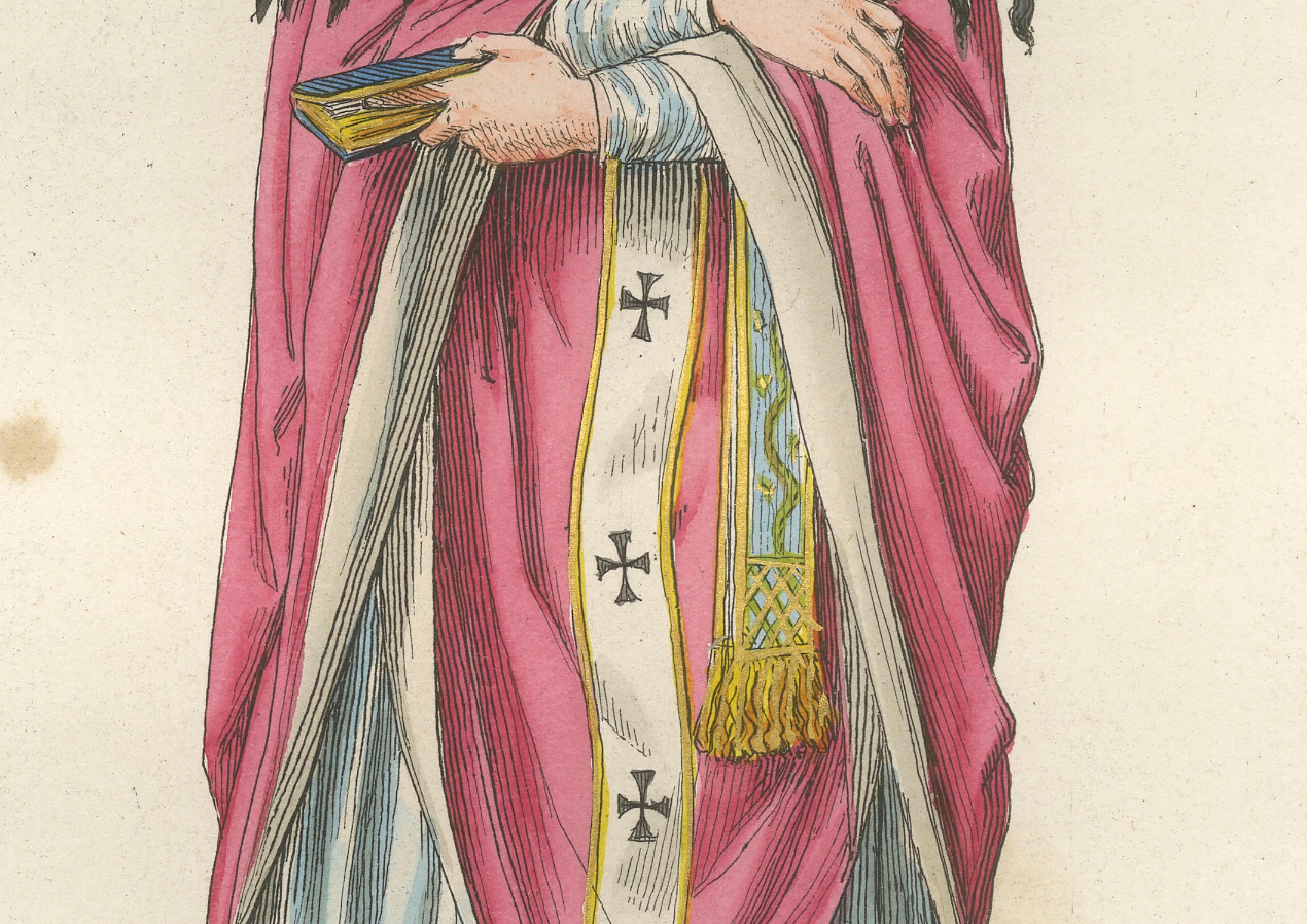 Costume religieux C.C. - Estampe ancienne de 1845 représentant une figure ecclésiastique Bon état - En vente à Langweer, NL