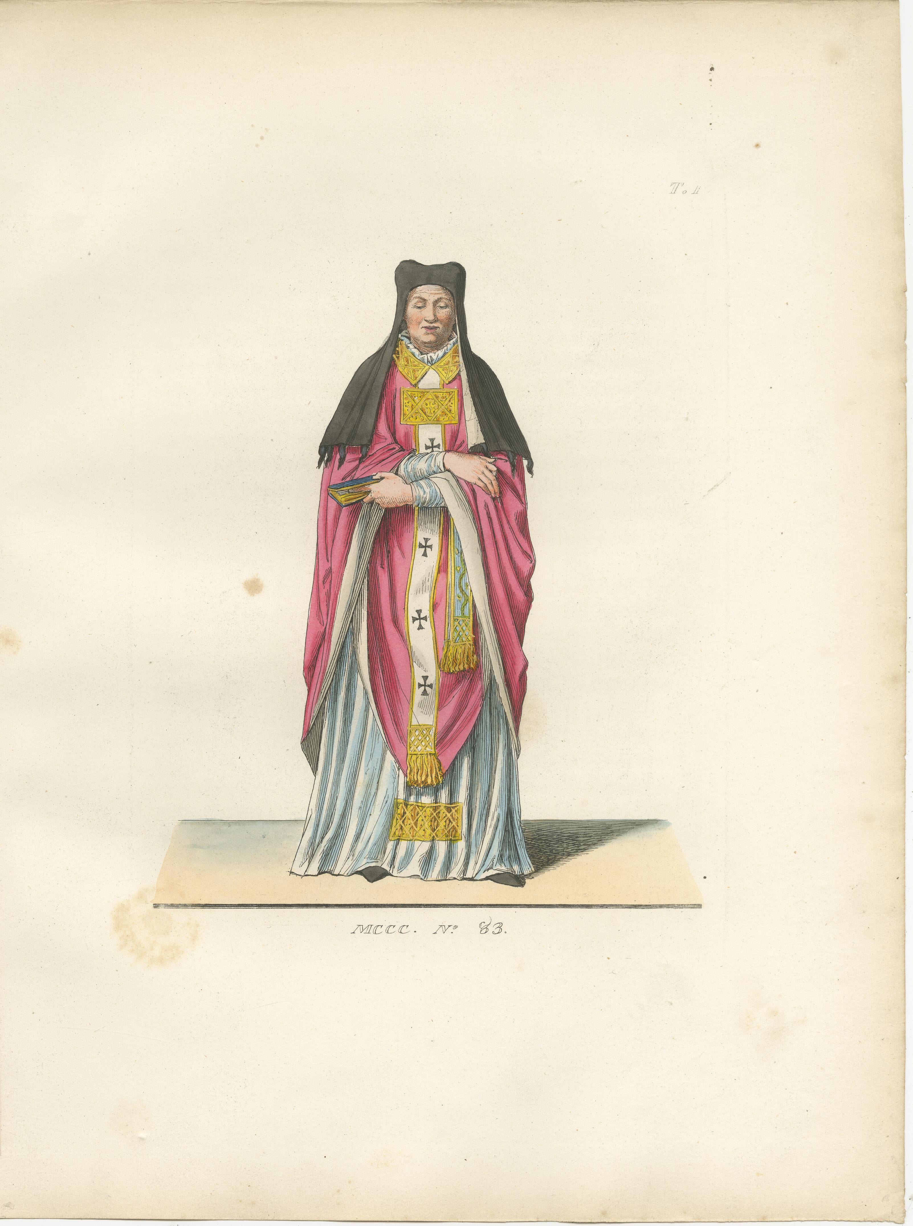Papier Costume religieux C.C. - Estampe ancienne de 1845 représentant une figure ecclésiastique en vente