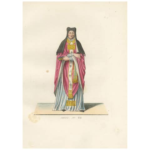 Religious Costume c.1400 – Antique 1845 Print of Ecclesiastical Figure