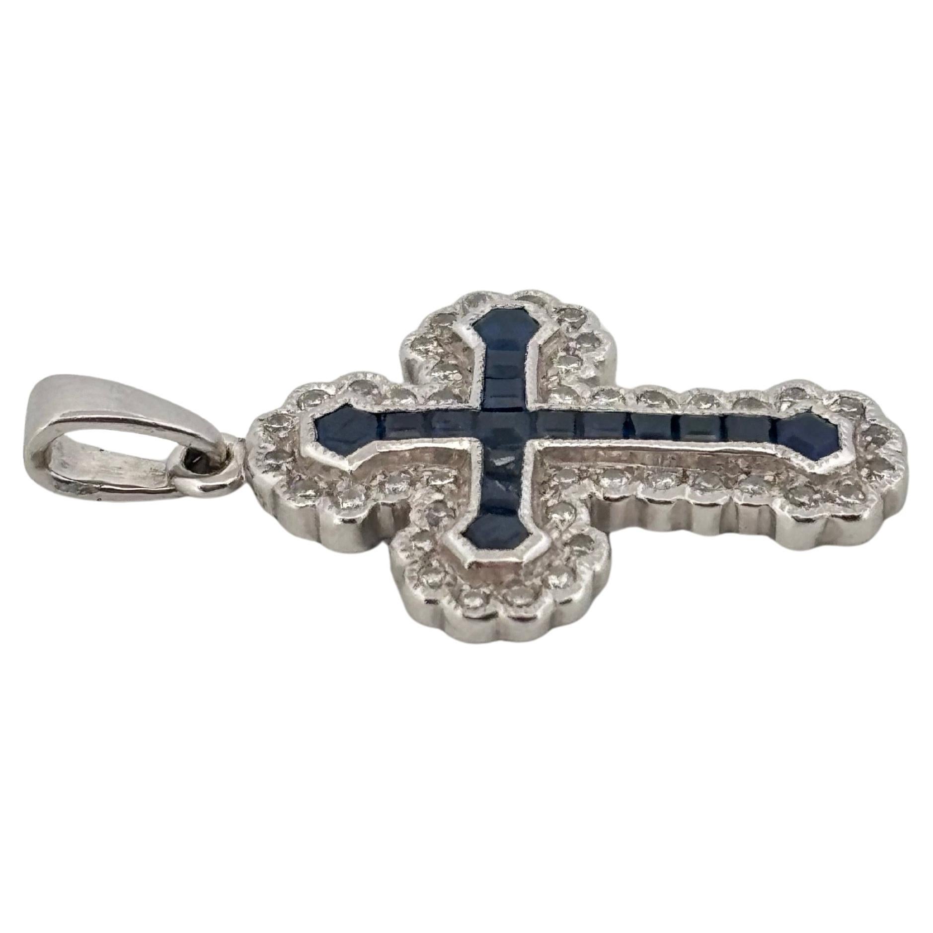 Retro Religious Cross 14K White Gold Natural 0.50ctw Sapphire & Diamond Pendant For Sale