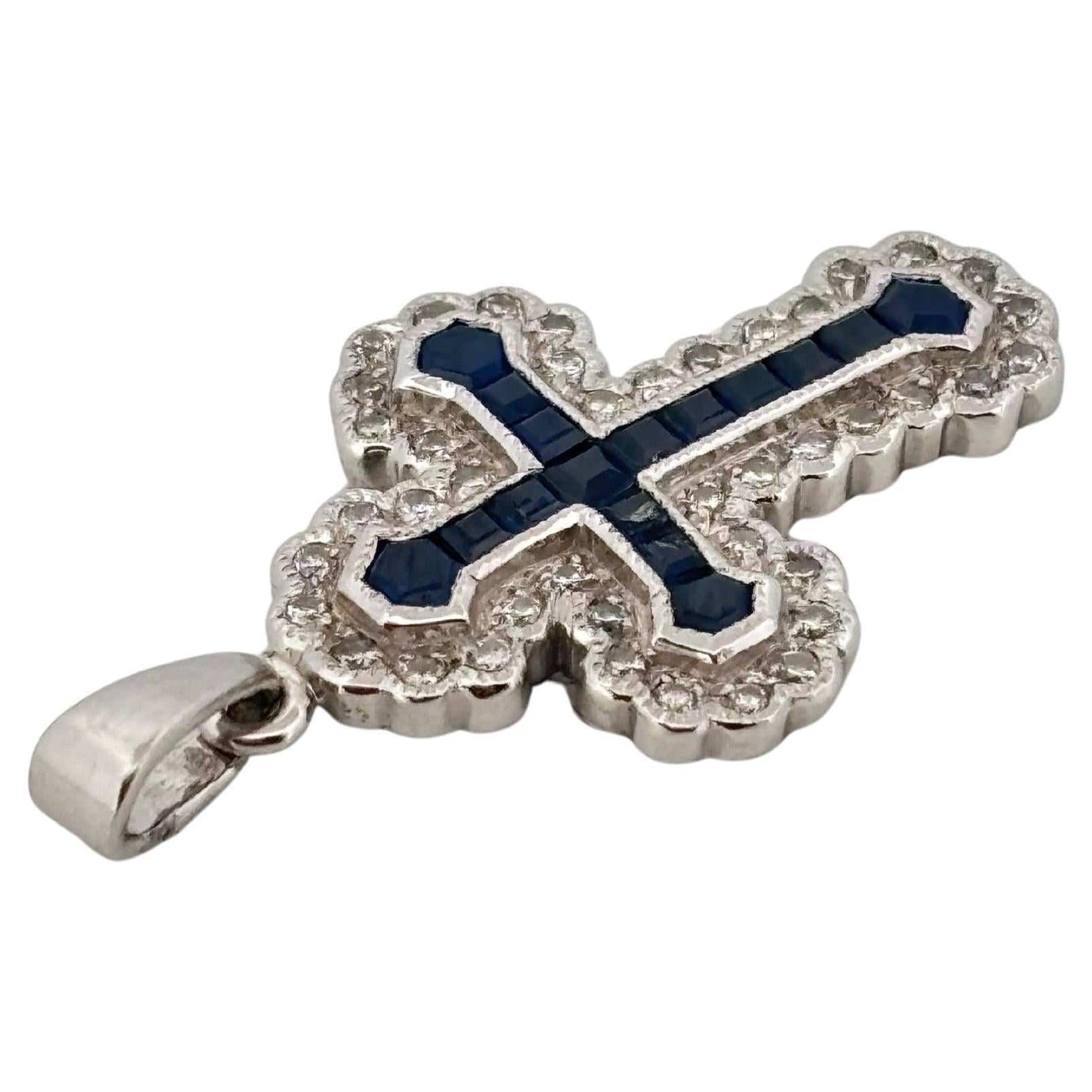 Round Cut Religious Cross 14K White Gold Natural 0.50ctw Sapphire & Diamond Pendant For Sale