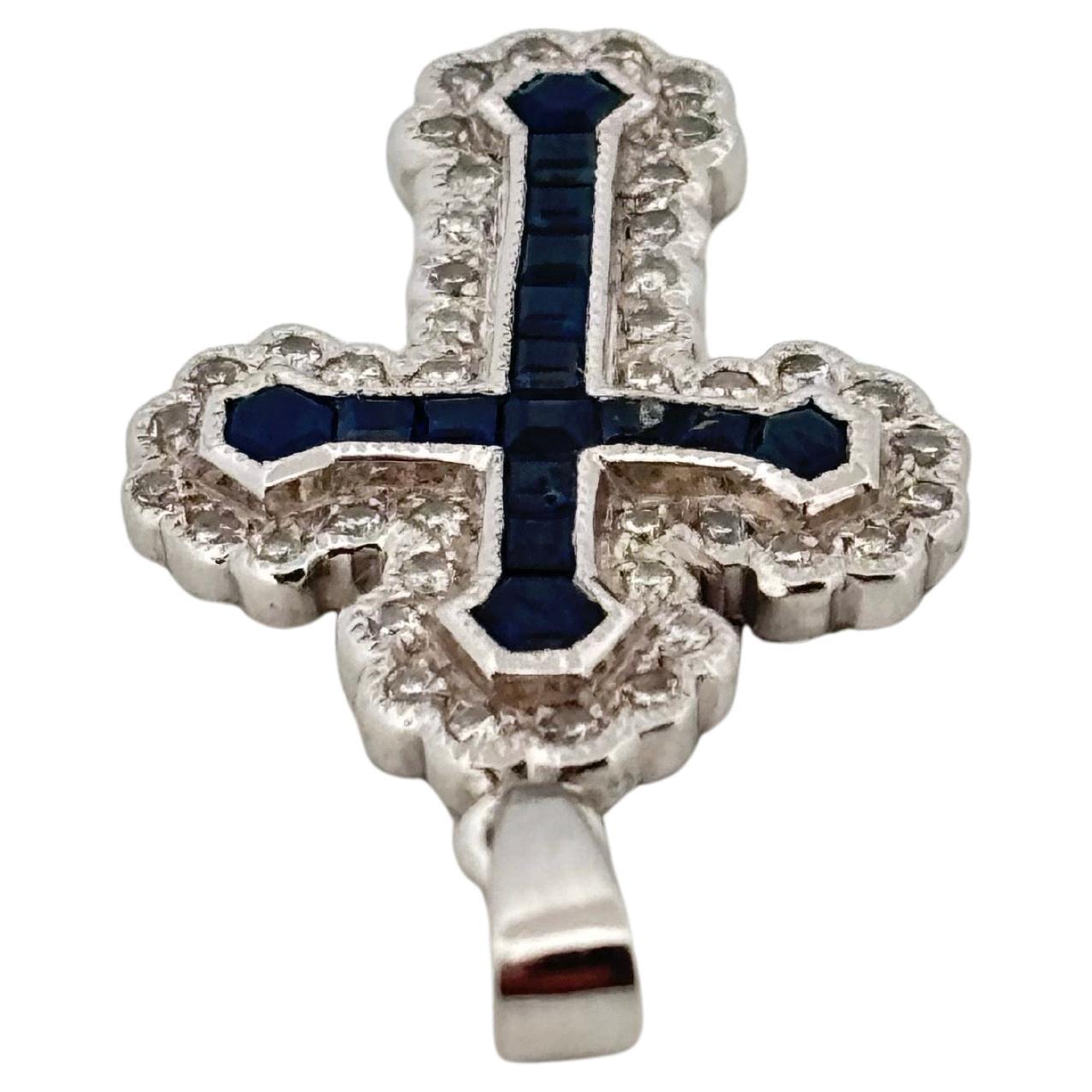 Religious Cross 14K White Gold Natural 0.50ctw Sapphire & Diamond Pendant In Good Condition For Sale In Sewickley, PA