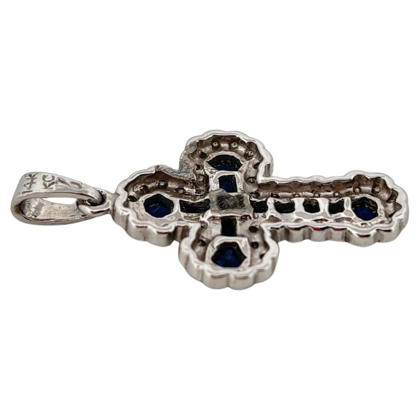 Religious Cross 14K White Gold Natural 0.50ctw Sapphire & Diamond Pendant For Sale 1