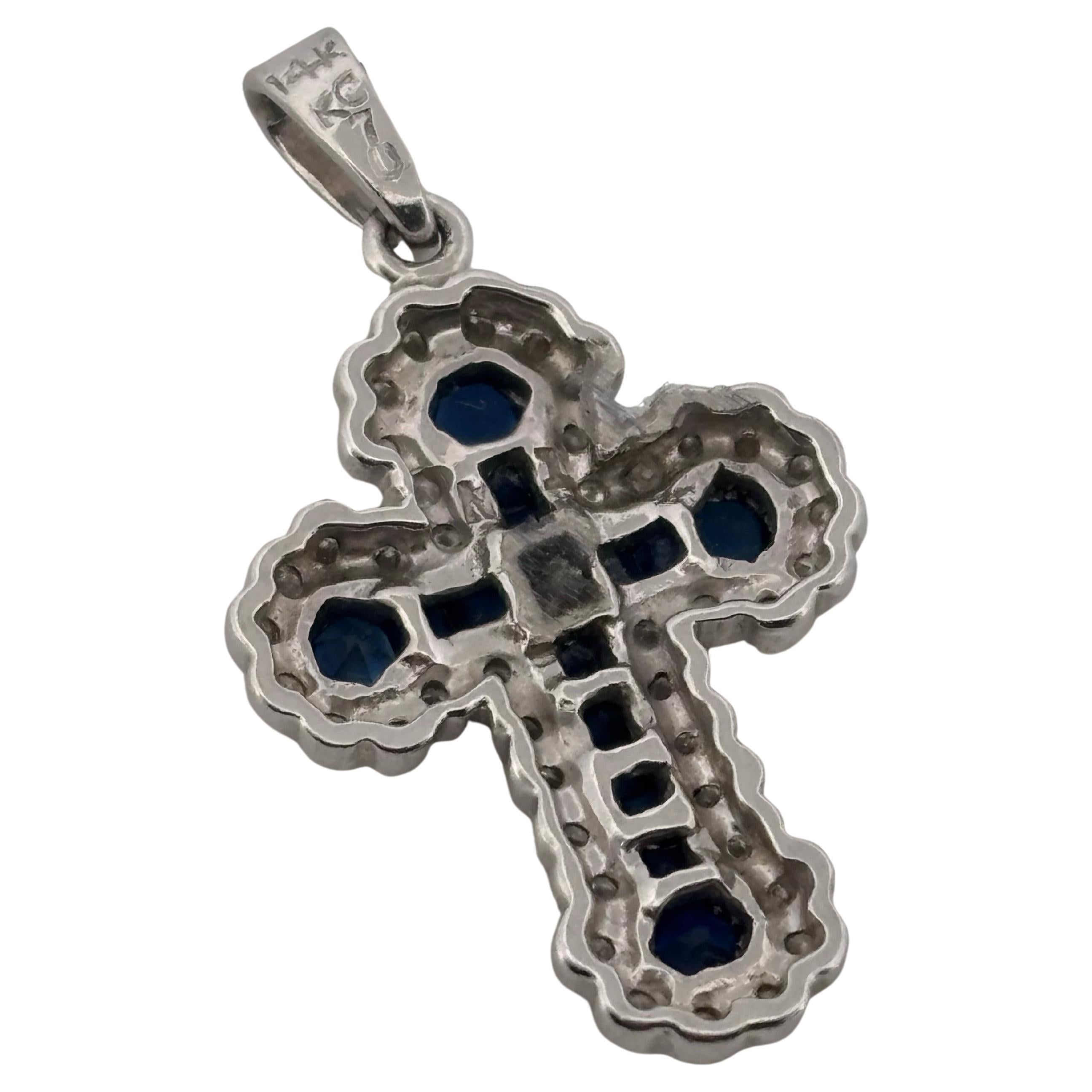 Religious Cross 14K White Gold Natural 0.50ctw Sapphire & Diamond Pendant For Sale 2