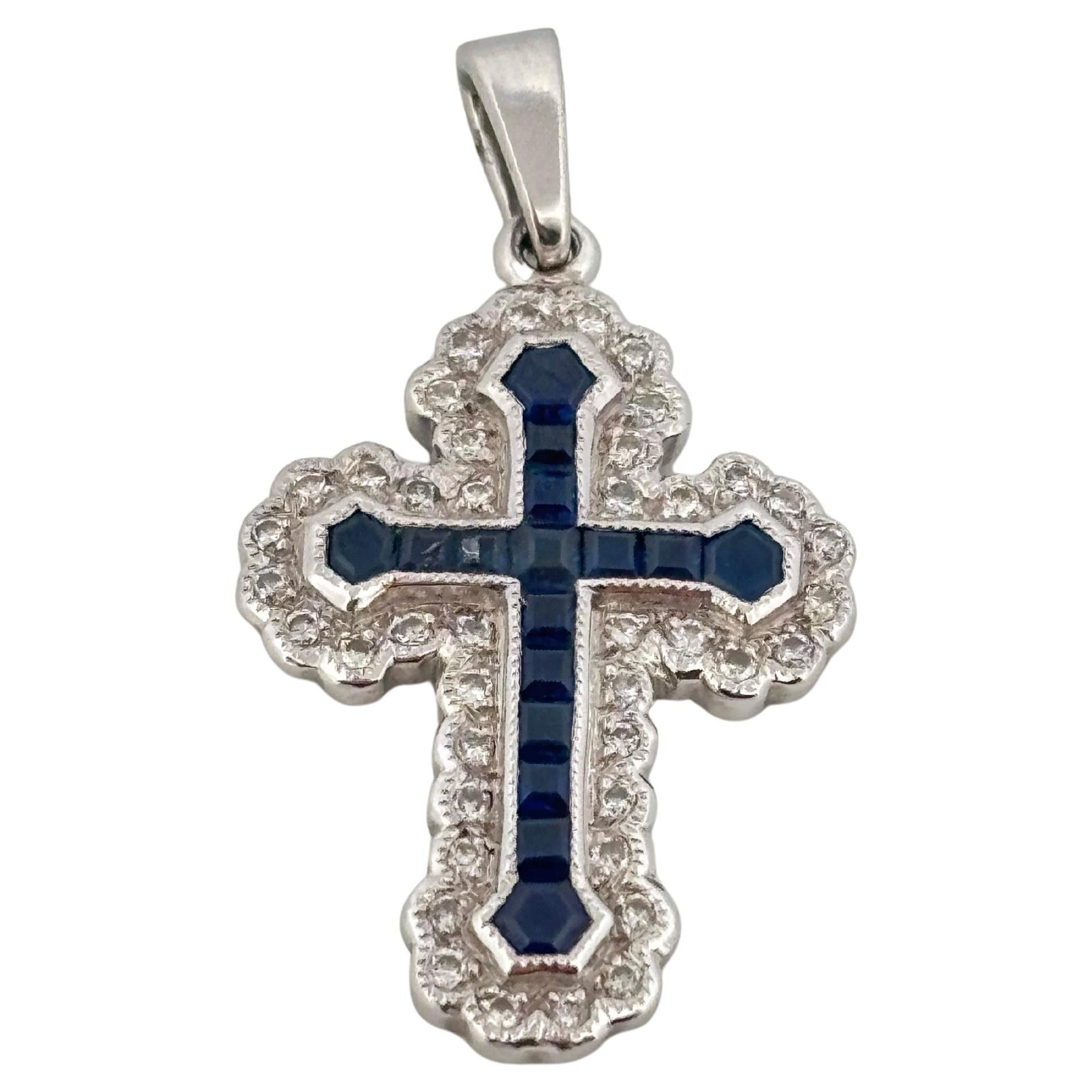 Religious Cross 14K White Gold Natural 0.50ctw Sapphire & Diamond Pendant For Sale