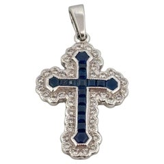 Religious Cross 14K White Gold Natural 0.50ctw Sapphire & Diamond Pendant