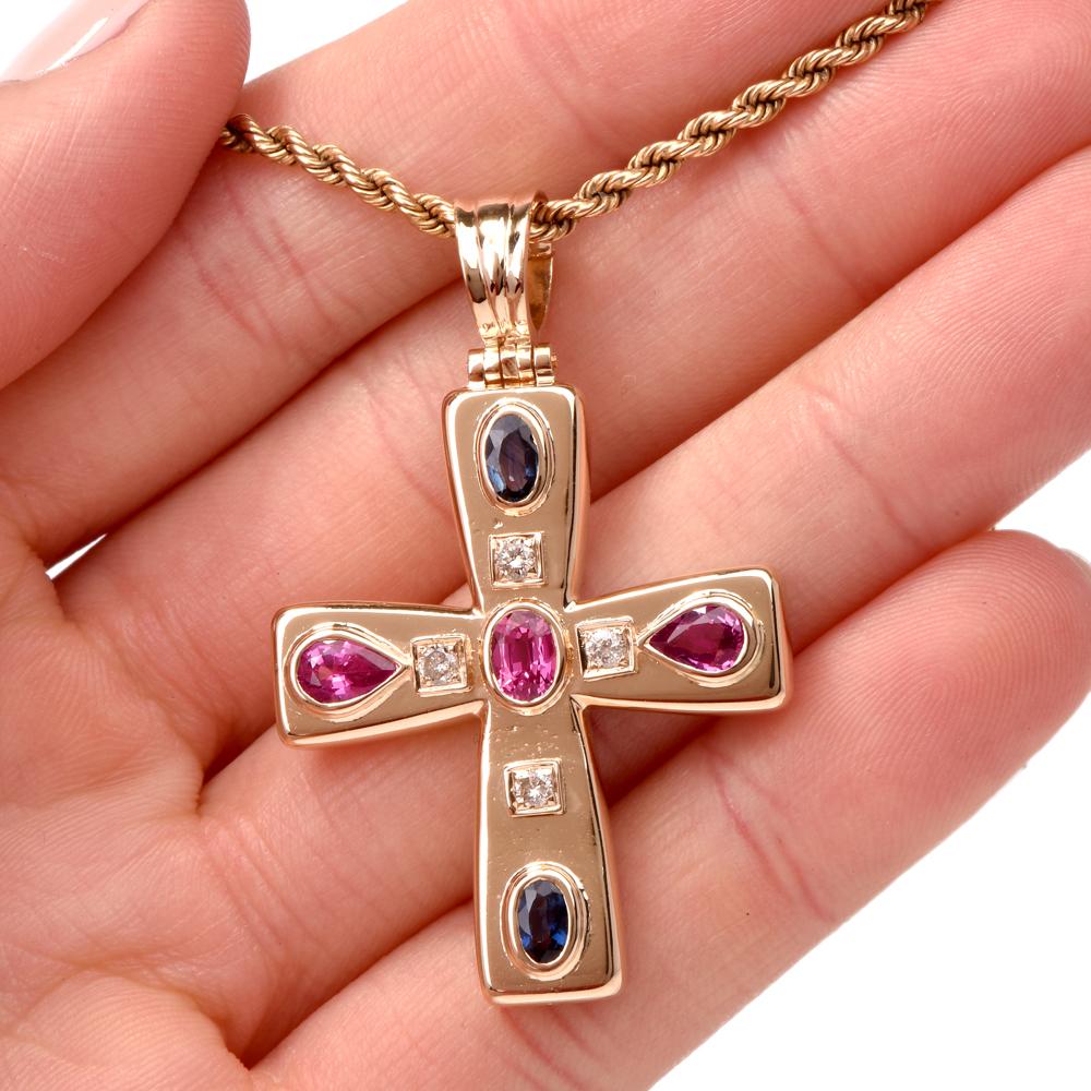 Oval Cut Religious Cross Diamond Sapphire 18 Karat Gold Pendant Enhancer