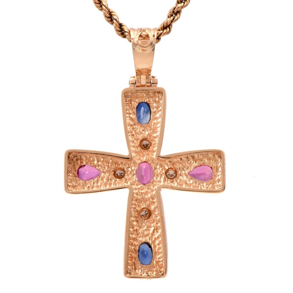 Religious Cross Diamond Sapphire 18 Karat Gold Pendant Enhancer In Excellent Condition In Miami, FL