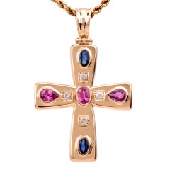 Religious Cross Diamond Sapphire 18 Karat Gold Pendant Enhancer