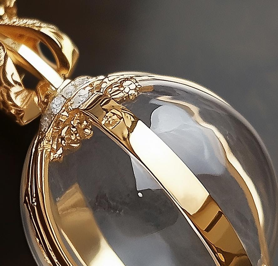This 18 karat yellow gold pendant necklace with a religious motive features cabochon quartz (about 1 cm) enclosed in a sculptural gold structure. It belongs to the Monotheistic Collection by Polya Medvedeva, first exhibited at the historic