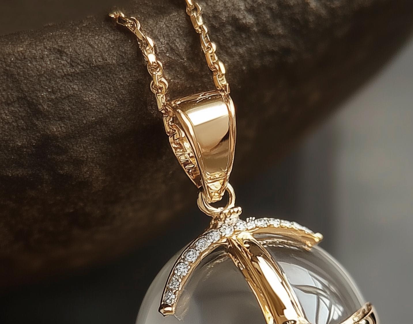 Este collar colgante de oro amarillo de 18 quilates con motivo religioso presenta un cuarzo (radio: 1 cm) encerrado en una escultural estructura de oro con diamantes y zafiro blanco en el centro. Pertenece a la Colección Monoteísta de Polya